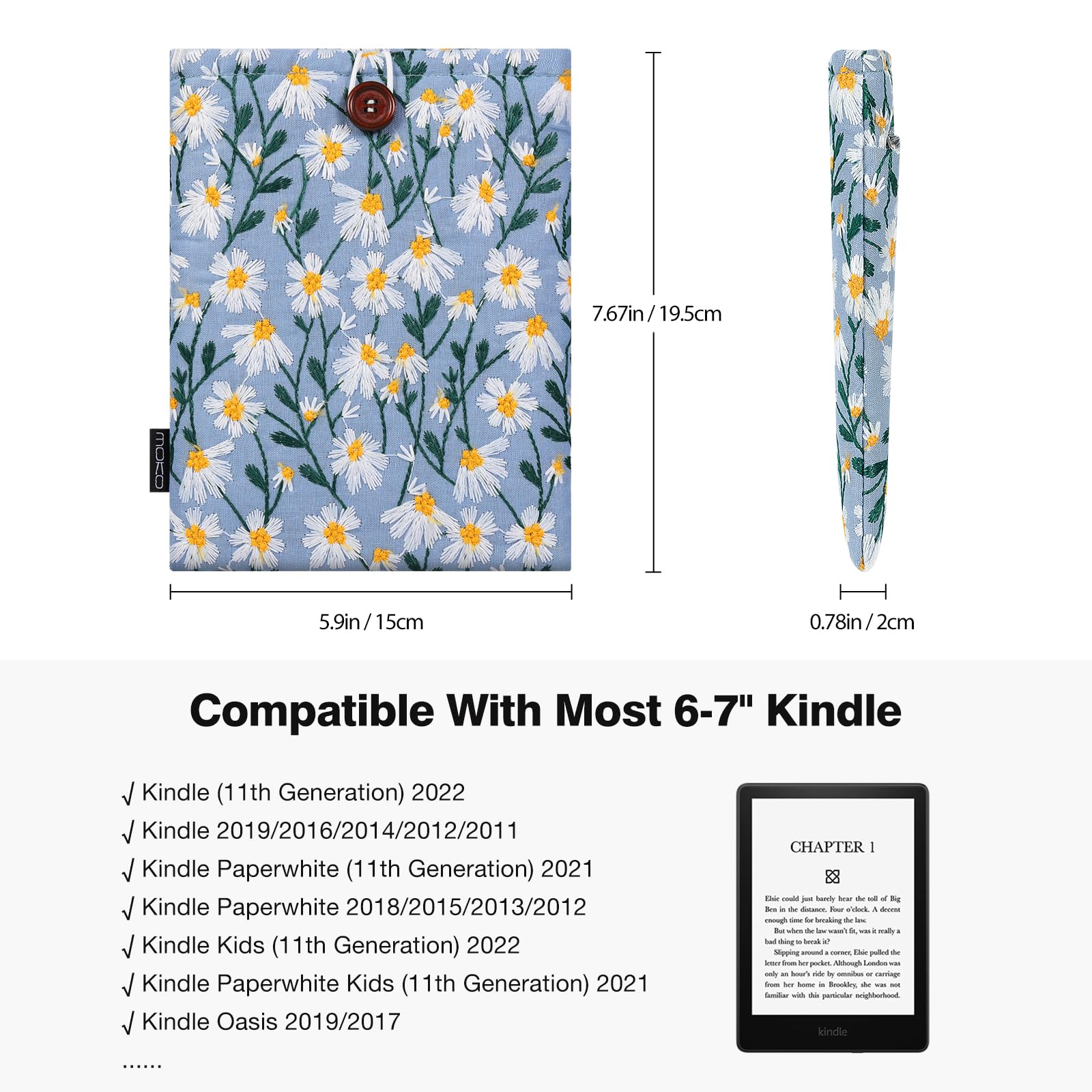 MoKo 6 7' Embroidered Daisy Padded Sleeve Pouch for Kindle 11/10/8th Gen, Kindle Paperwhite 11th/10th Gen, 7' Kindle Colorsoft Signature Edition 2024, Kindle Pouch for Voyage/Kobo eReader, Blue