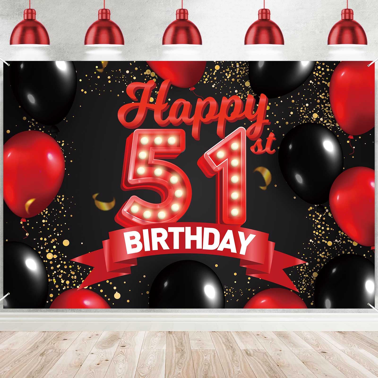 Happy 51St Birthday Red And Black Banner Backdrop Decorations Balloons Theme Decor For Girls Women Princess 51 Years Old Birthda