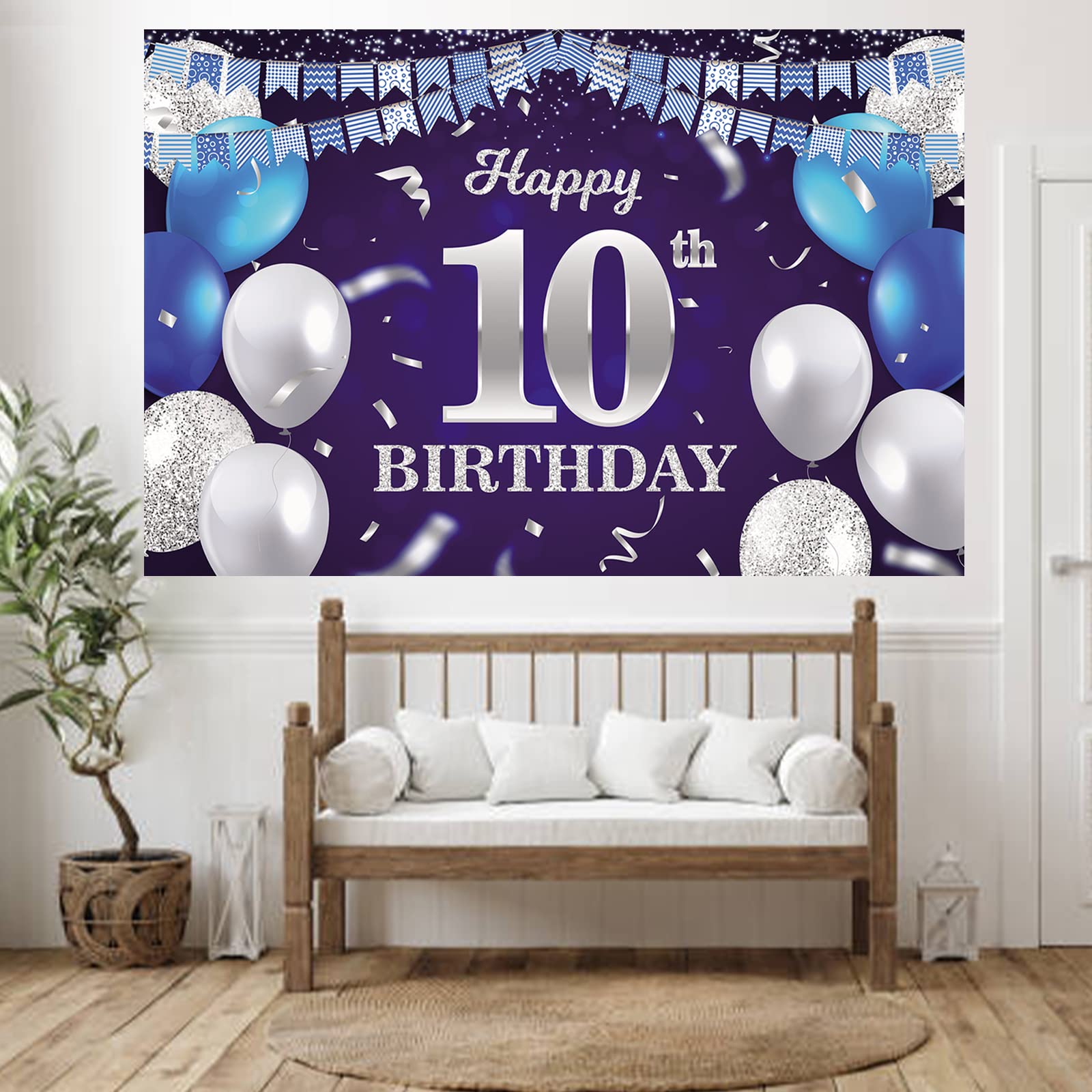 Happy 70Th Birthday Banner Backdrop Navy Blue Balloons Confetti Stripe Flag Light Spots Cheers To 70 Years Old Theme Decorations