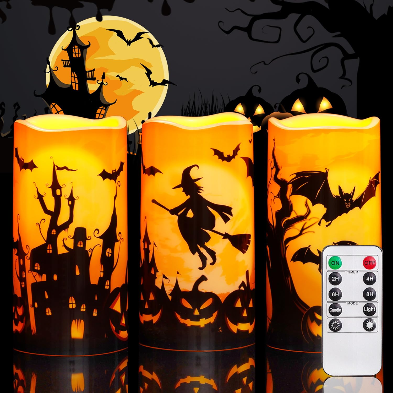 Homemory Halloween Candles, Orange Flameless Candles, Outdoor Waterproof Printed Decals Battery Operated Led Pillar Candles With