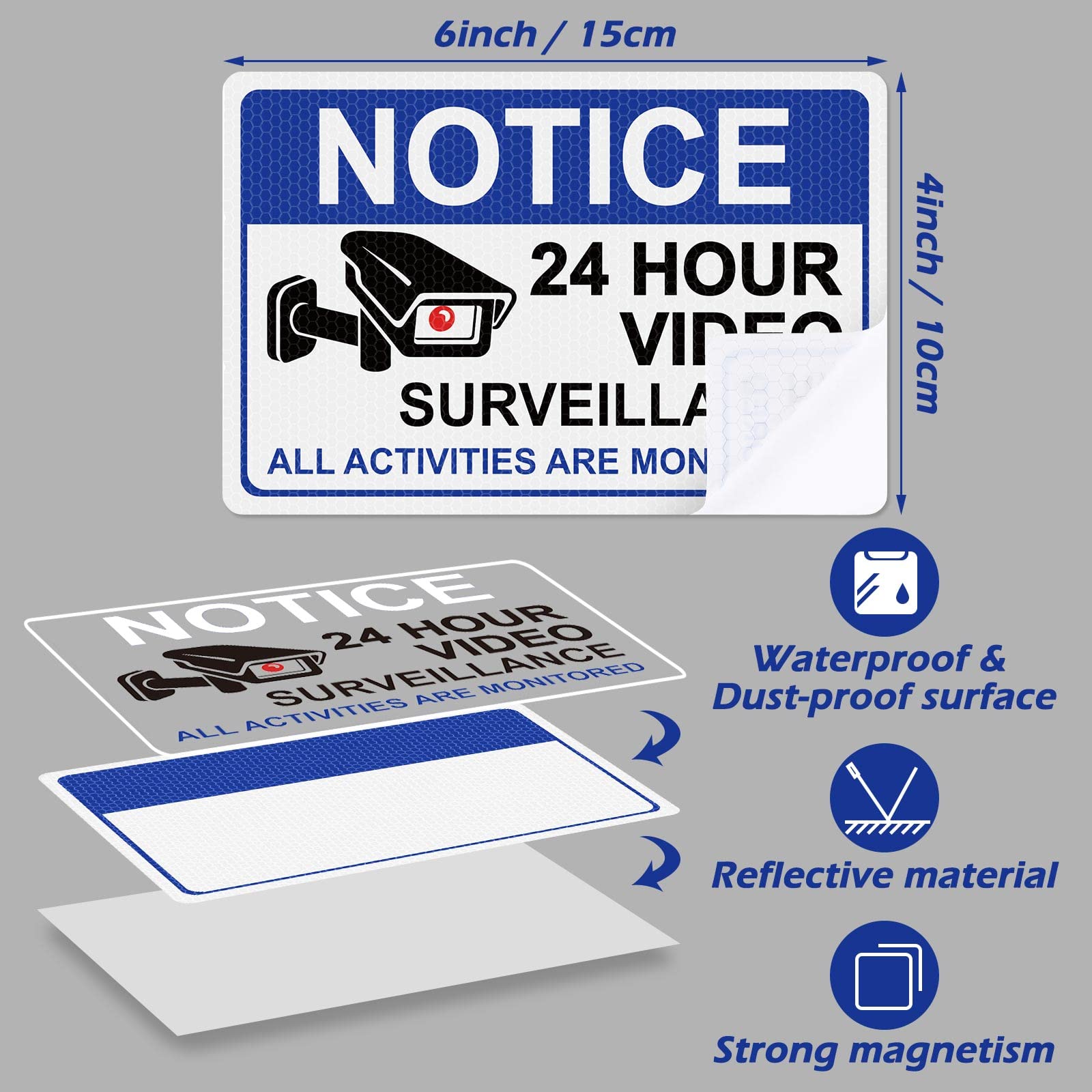 8 Pcs 24 Hour Video Surveillance Sticker Reflective Sticker Decal Self Adhesive Video Surveillance Sign Outdoor Smile Camera Sig