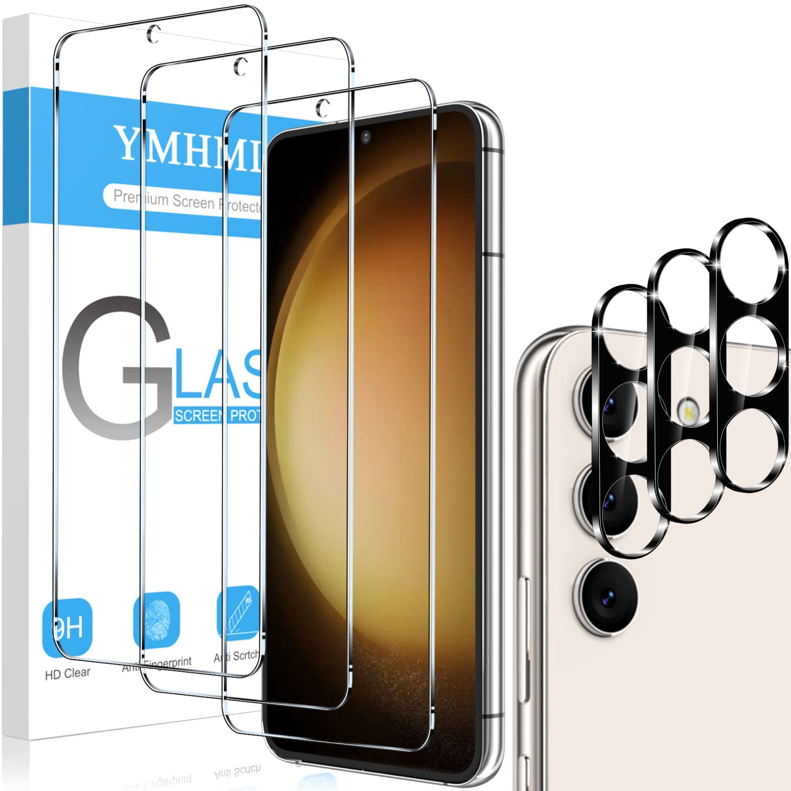 YMHML 3 Pack for Samsung Galaxy S23 Screen Protector Tempered Glass Upgrade Fingerprint Unlock Compatible with 3 Pack Camera Len