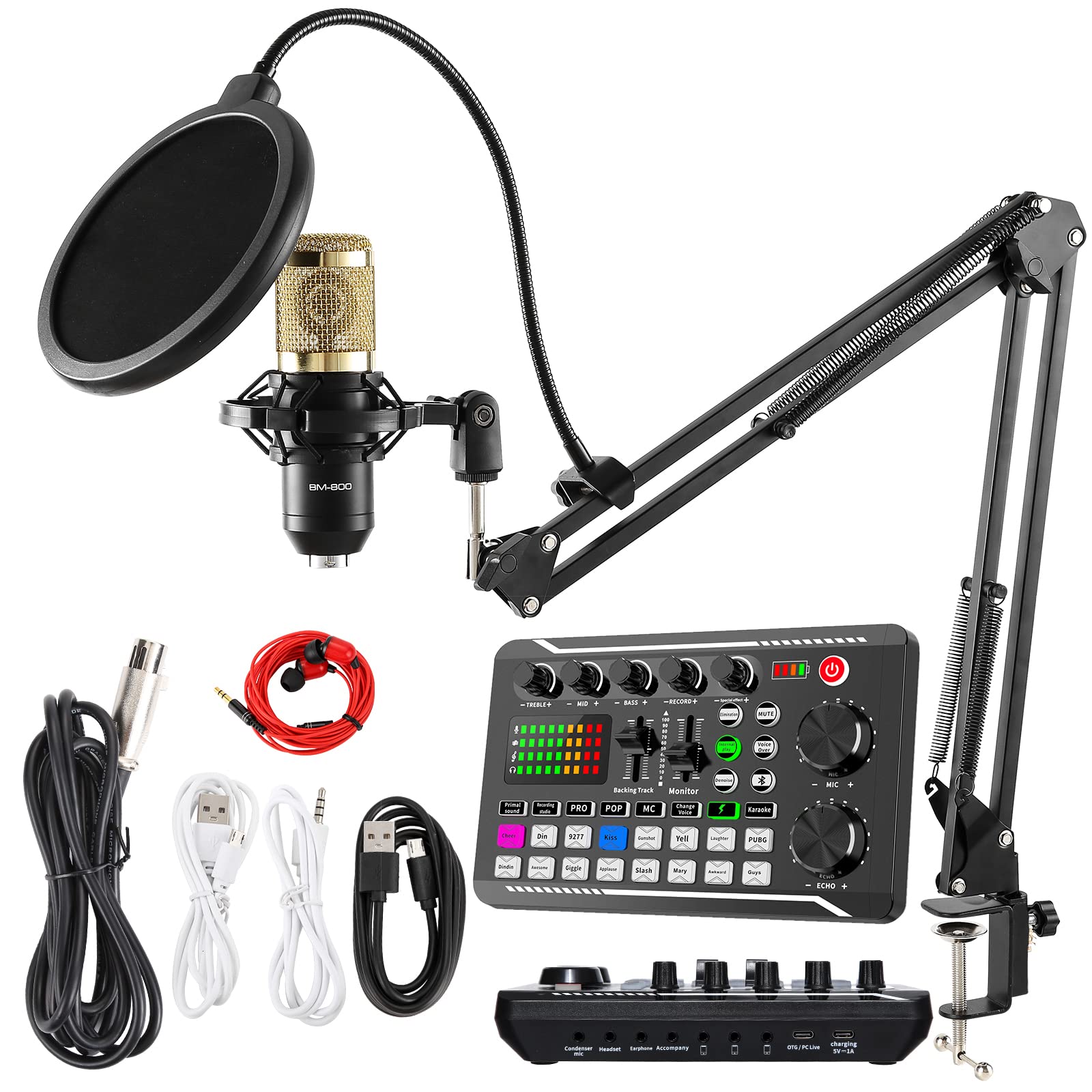 SINWE Podcast Microphone Bundle, BM-800 Condenser Mic with Live Sound Card Kit, Podcast Equipment Bundle with Voice Changer and 