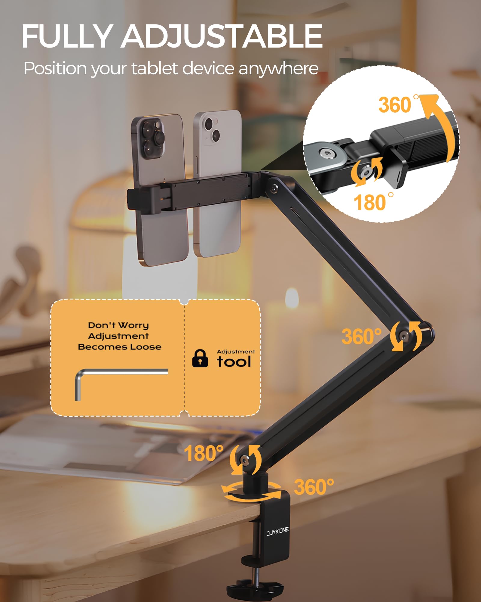 Qjykione Foldable Tablet Stand For Desk And Bed, Aluminum Alloy Ipad Arm Mount 360 Adjustable Phone Holder Compatible With Ipad