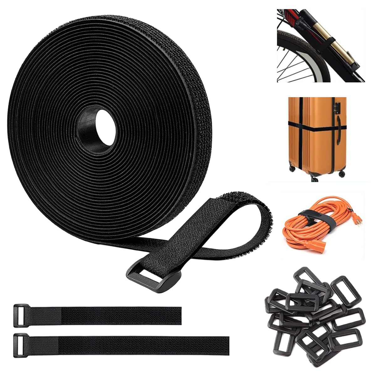 16Ft 1 Inch Wide Hook And Loop Straps With 15 Plastic Buckles, Multipurpose Strong Gripping Nylon Cable Straps, Reusable Fastene