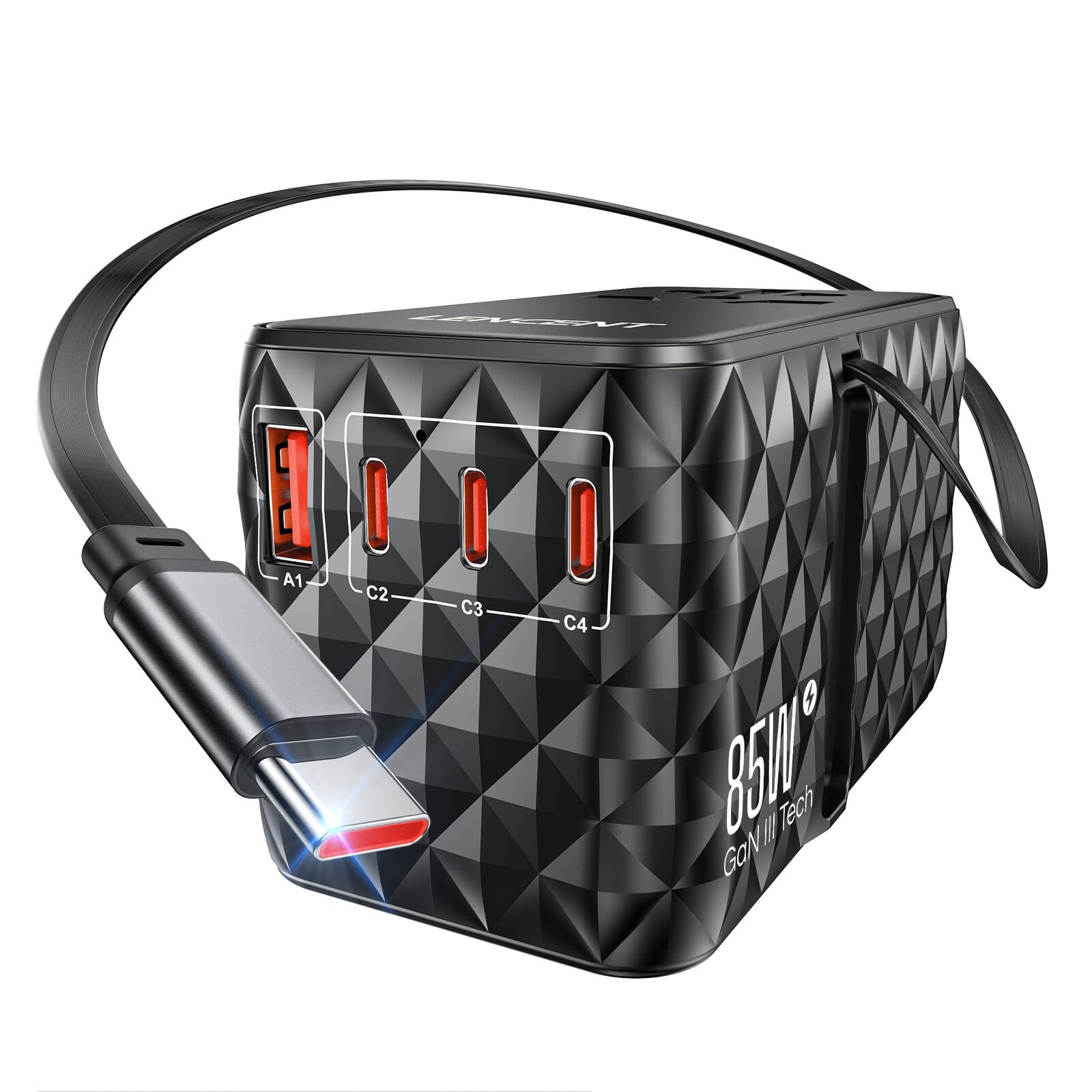 Lencent 85W Universal Travel Power Adapter With Retractable Usb C Cable, Gan International Travel Adapter With 1 Usb A & 3 Type