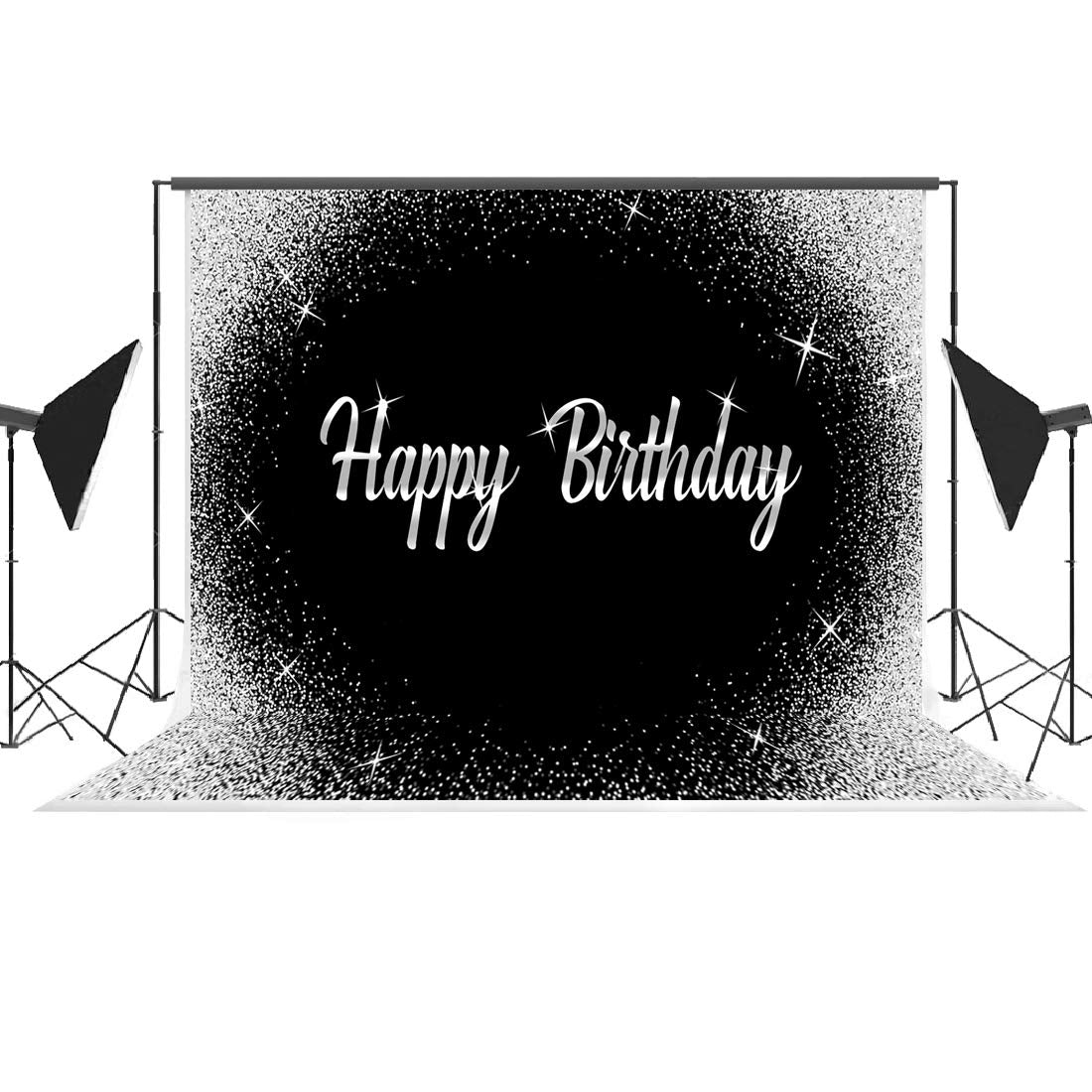 Happy Birthday Backdrop Glitter Silver Dots And Black Photography Background 7X5Ft Birthday Party Decorations Banner For Any Age