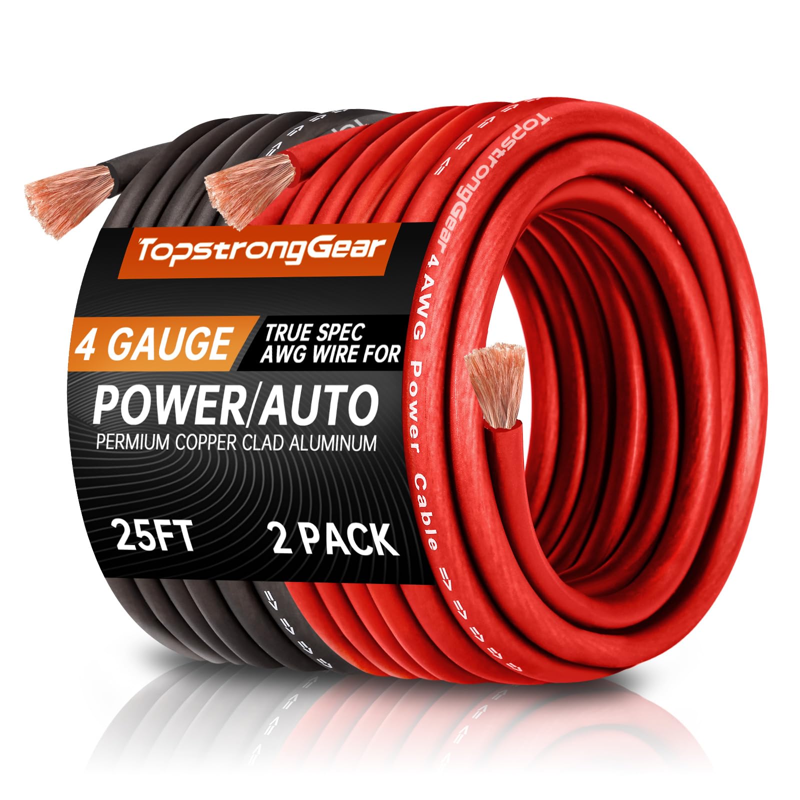 Topstronggear 4 Gauge 25Ft Black And 25Ft Red Power/Ground Wire Copper Clad Aluminum Cca True 4 Awg Power Wire True Spec And Soft Touch Cable   25Ft Red & 25Ft Black
