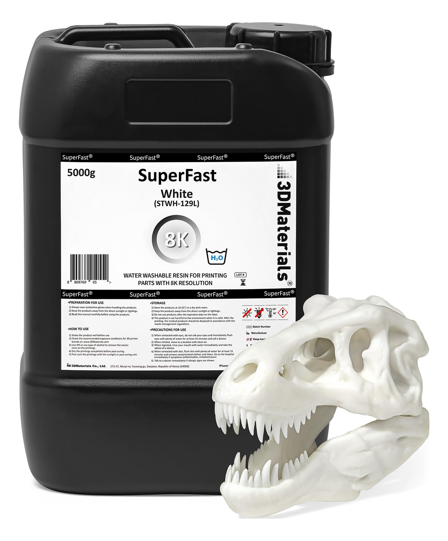 Superfast 8K 3D Printer Resin Water Washable, 50Um Print In 05 Sec, Made In Korea By 3Dmaterials (5000G, White)