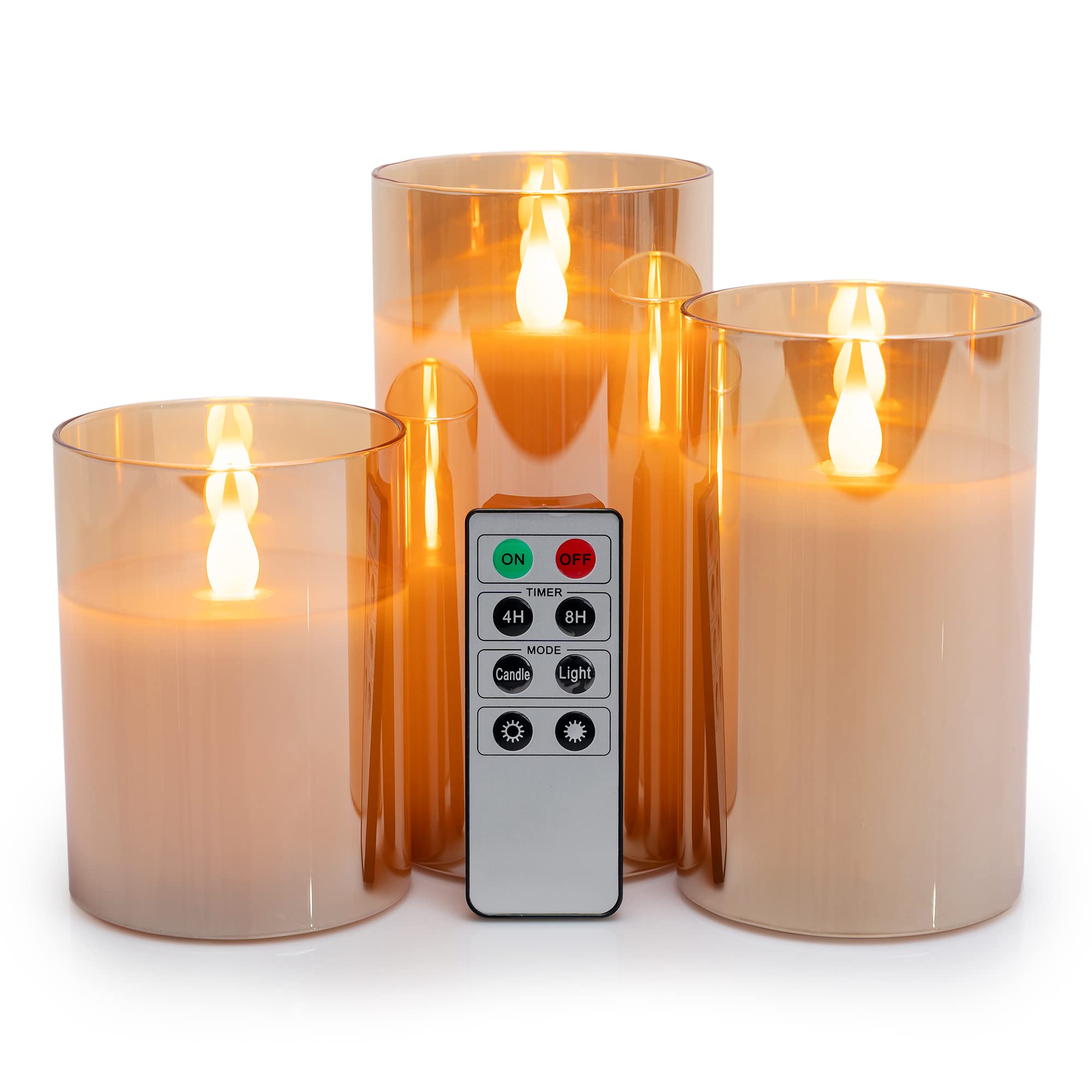 Wyzworks Gold Metallic Led Tinted Glass Mirrored Flickering Flameless Pillar Candles, Set Of 3 W/Remote Control, Timer, Realisti