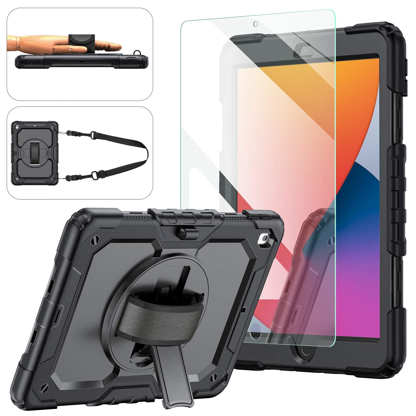 Ipad 9Th/8Th/7Th Generation Case, Ipad 10.2 Case 2021/2020/2019, [Kid Proof] Ambison Full Body Protective Case With 9H Tempered Glass Screen Protector, 360� Rotatable Kickstand & Hand Strap (Black)