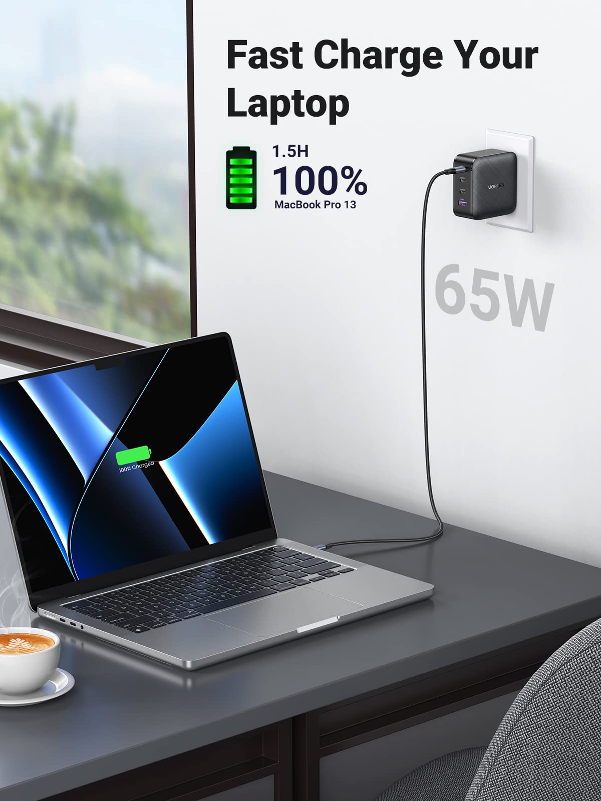 Ugreen 65W Usb C Charger 4 Ports Usb C Power Adapter Gan Pd Fast Wall Charger Compatible With Macbook Pro/Air M2, Dell Xps 13, I