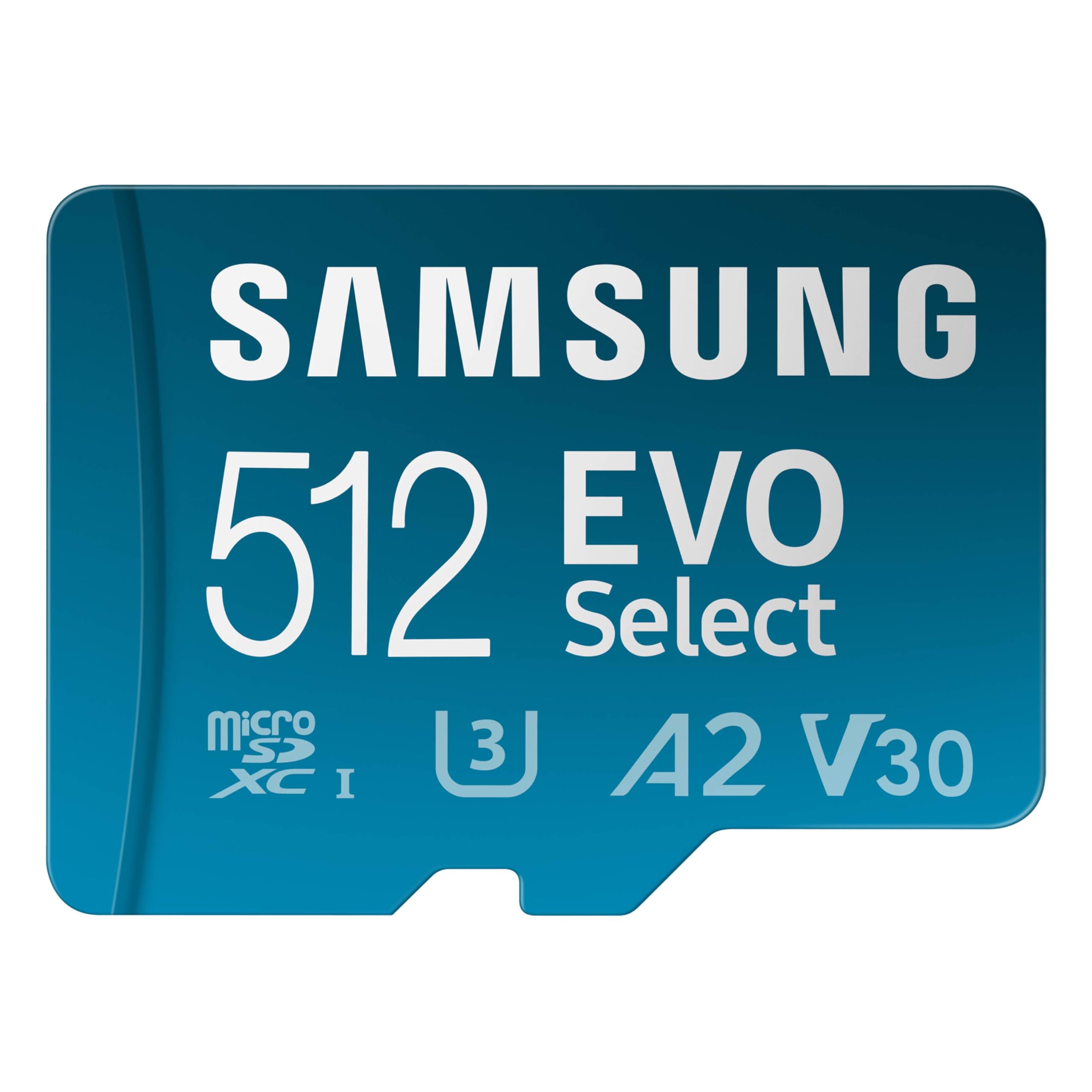 SAMSUNG EVO Select MicroSD Memory Card + Adapter, 512GB microSDXC, Speeds Up to 160 MB/s, UHSI, C10, U3, V10, A2, Upgrade Stora