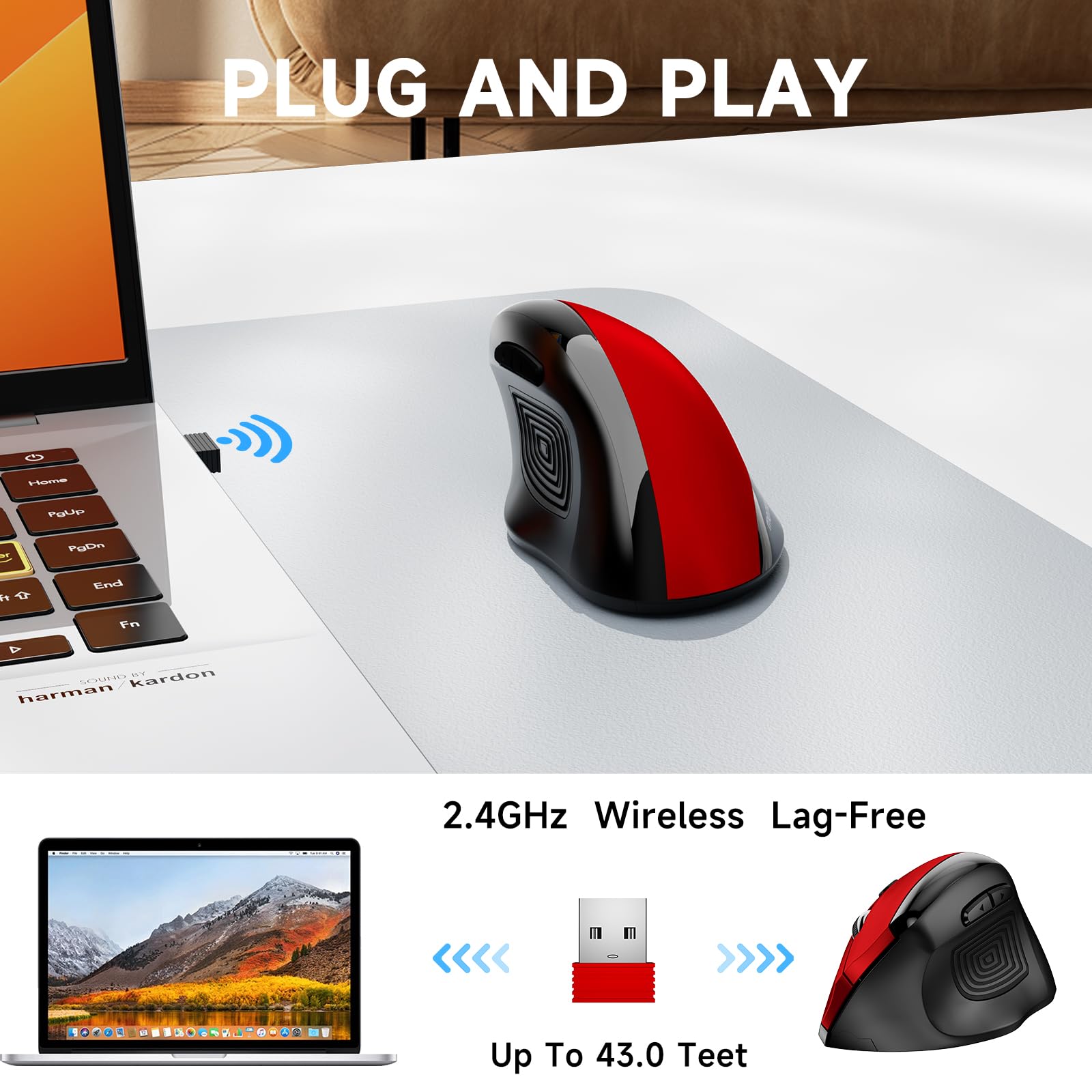 Memzuoix Wireless Ergonomic Mouse 2.4G,800/1200/1600 Dpi Large Wireless Mouse With Usb Receiver,Optical Cordless Mice For Computer,Laptop,Macbook,Desktop,Pc,6 Buttons,Red