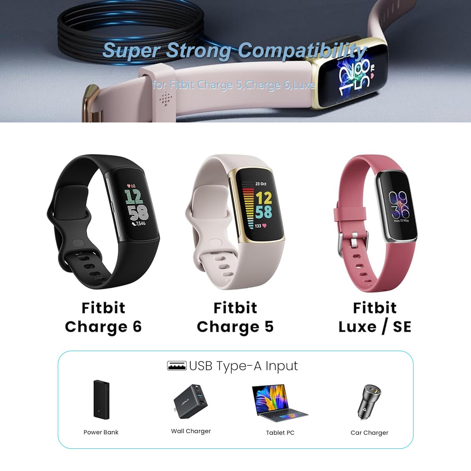 Qkcok 2 Pack 5V Charger Compatible With Fitbit Charge 6/Charge 5/Luxe, Replacement Charger For Charge 6/Charge 5/Luxe Smart Watc