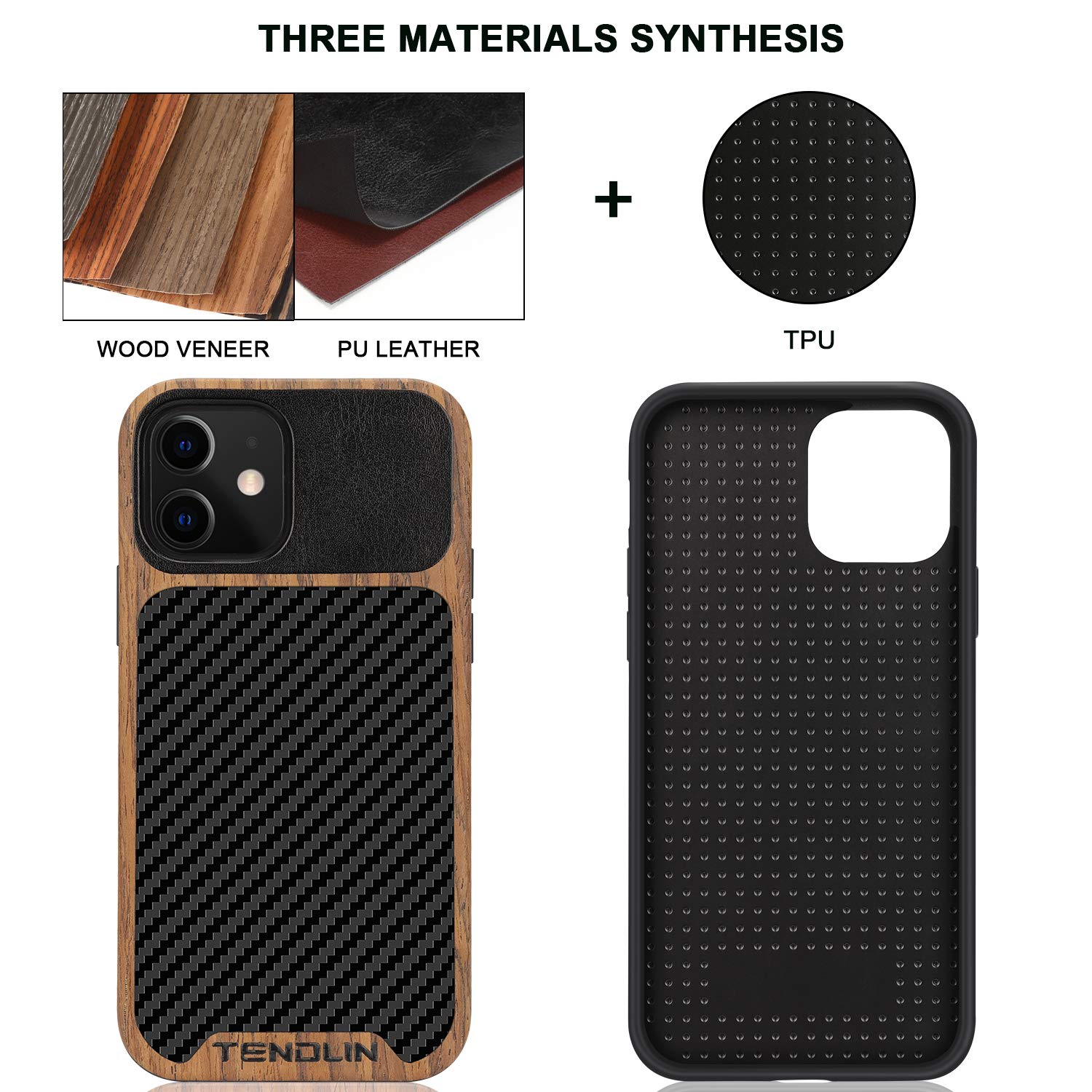 Tendlin Compatible With Iphone 12 Case/Iphone 12 Pro Case Wood Grain With Carbon Fiber Texture Design Leather Hybrid Case Black