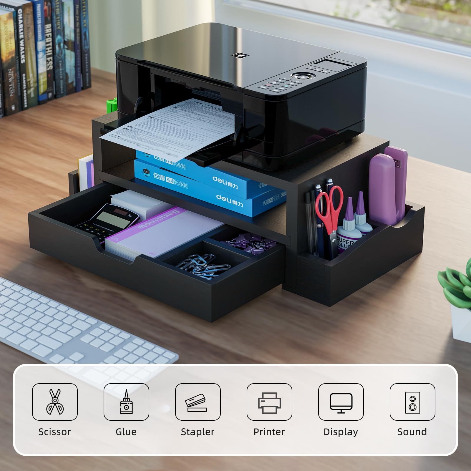 Simple Trending Monitor Stand Riser And Computer Wood Desk Organizer With Drawer And Pen Holder For Laptop, Computer, Imac, Blac