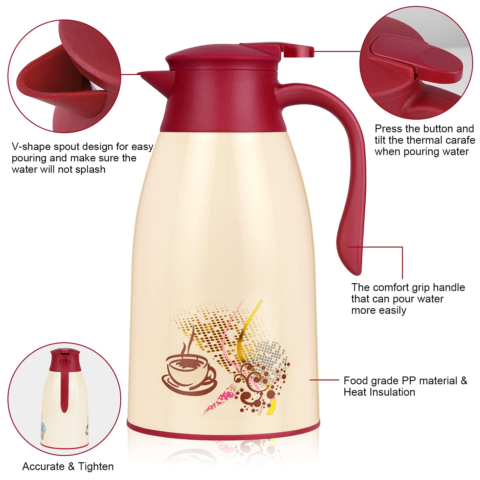 Acechef 40.5 Oz Glass Lined Thermal Carafe, Insulated Coffee Carafe, Coffee Thermos, Tea Pot With Lid, Vacuum Insulated Thermal