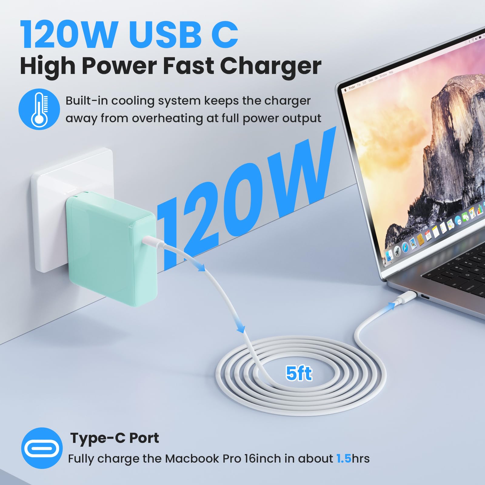 Mac Book Pro Charger   120W Usb C Charger Fast Charger, Compact Laptop Charger Adapter Compatible With Usb C Port Macbook Pro/Ai
