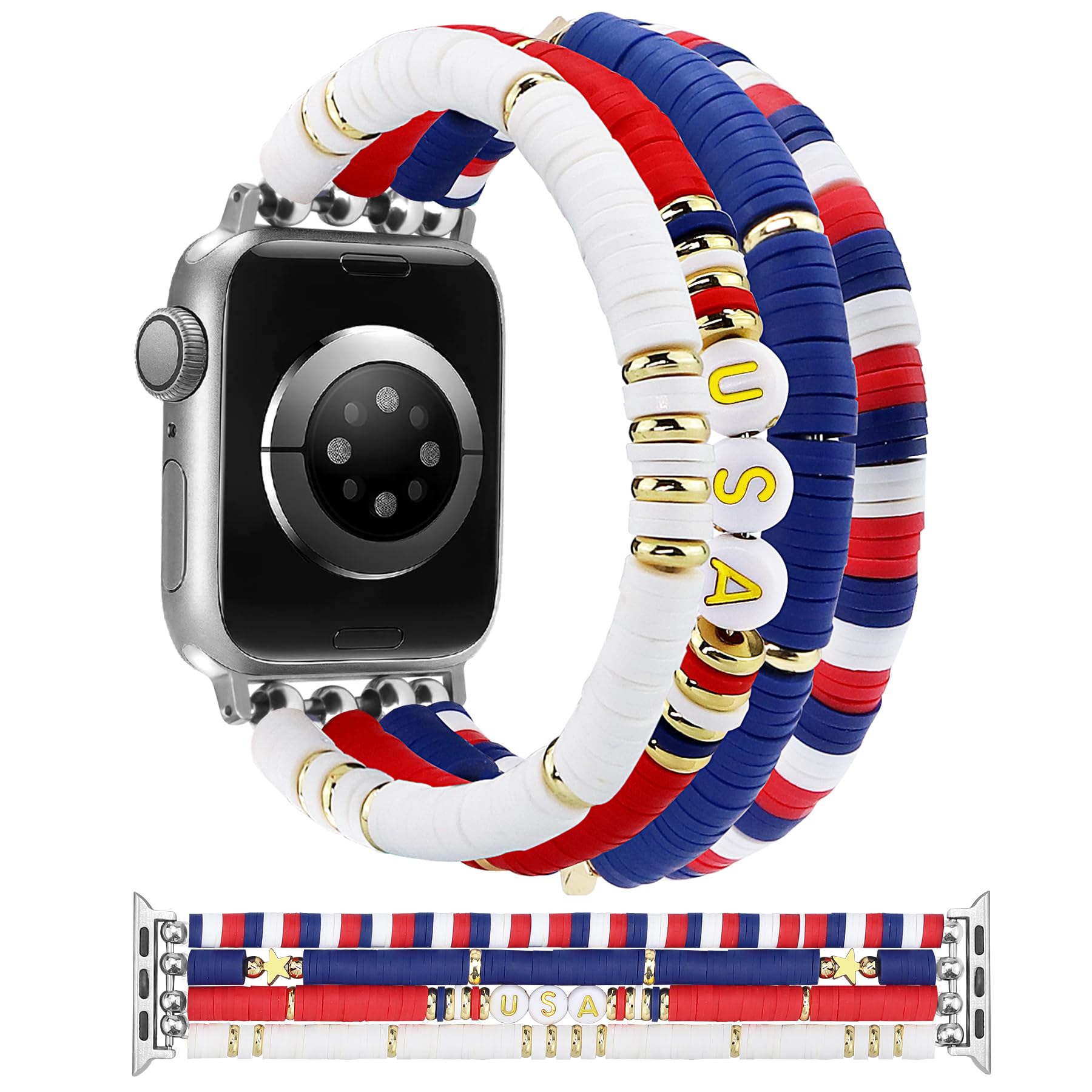 Jr.Dm Beaded Bracelet Compatible With Apple Watch 44Mm 42Mm 45Mm 46Mm For Women, Us America Flag Cute Preppy Handmade Elastic Wa