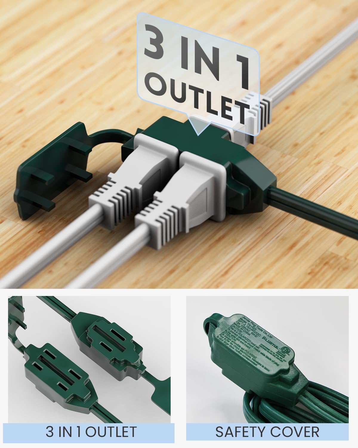 Plugtul Green Indoor Extension Cord 10 Ft, 2 Prong Extension Cord, 3 Polarized Outlets With Safety Cap Protect For Home Office,