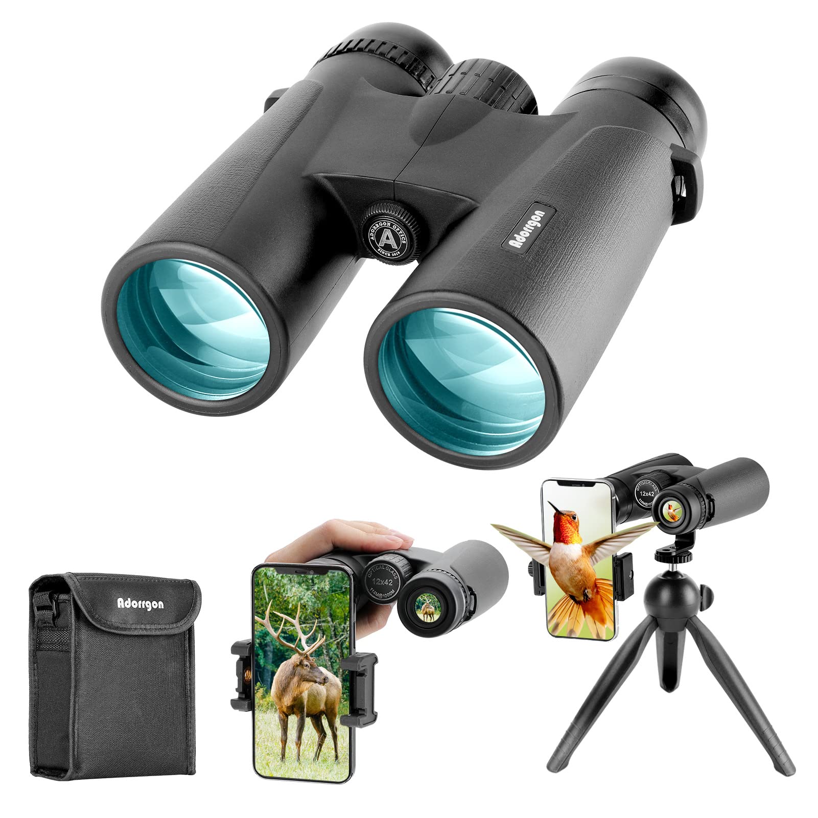 Adorrgon 12X42 Hd Binoculars For Adults High Powered With Phone Adapter, Tripod And Tripod Adapter   Large View Binoculars With