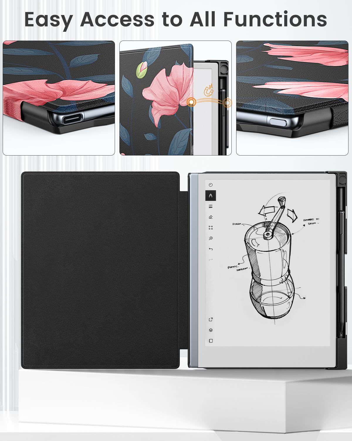 MoKo for Remarkable 2 Case, Lightweight and Hard Back Shell Protective Case with Built in Pen Holder, Smart Tablet Cover Folio for Remarkable 2 Tablet 10.3' 2020 Release, Black & Pink