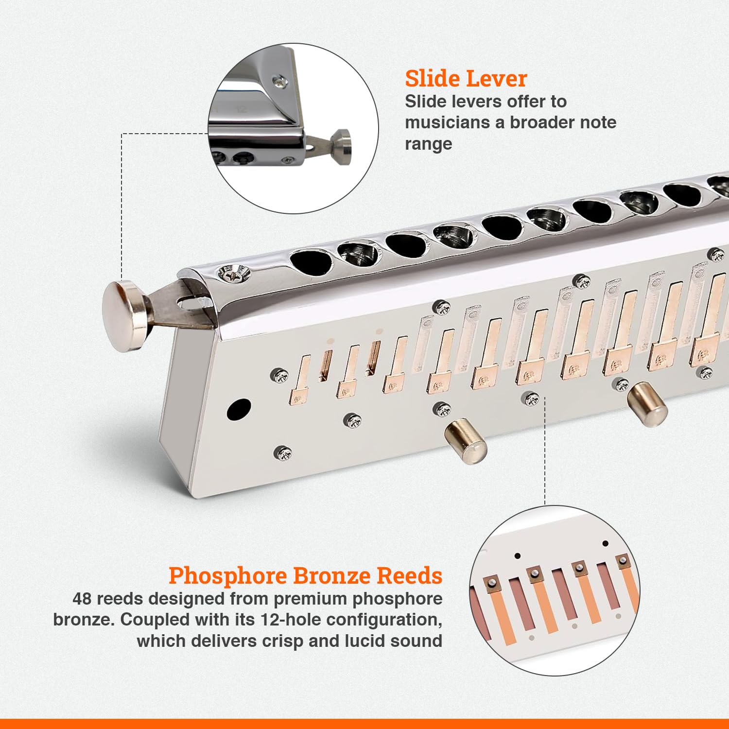 Harmo Angel 12 Chromatic Harmonica Key Of C   12 Hole Mouth Organ With Precision Slider, Phosphore Bronze Reeds, Suitable For Al