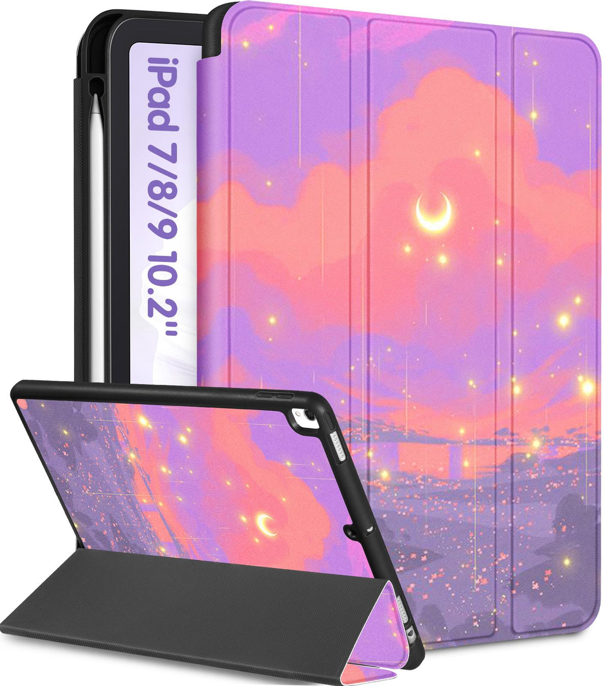 Uppuppy For Ipad 9Th/8Th/7Th Generation Case 10.2 Inch Girls Cute Women Folio Smart Cover Pencil Holder Sunset Aesthetic Design