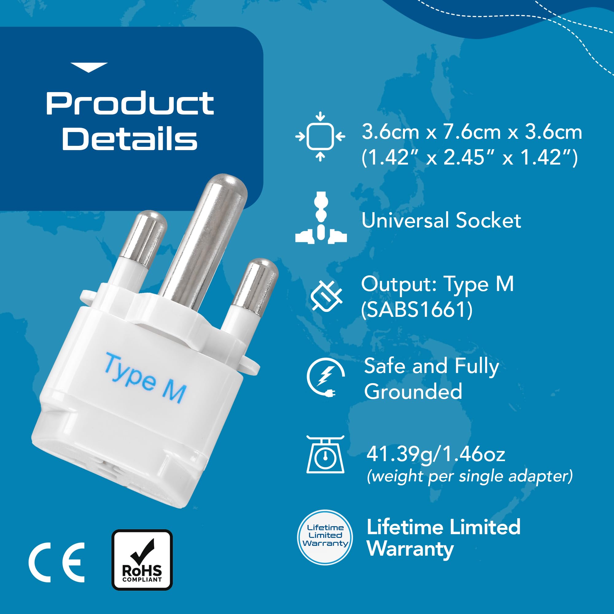 Ceptics South Africa Travel Plug Adapter (Type M)   3 Pack [Grounded & Universal] (Gp 10L 3Pk)
