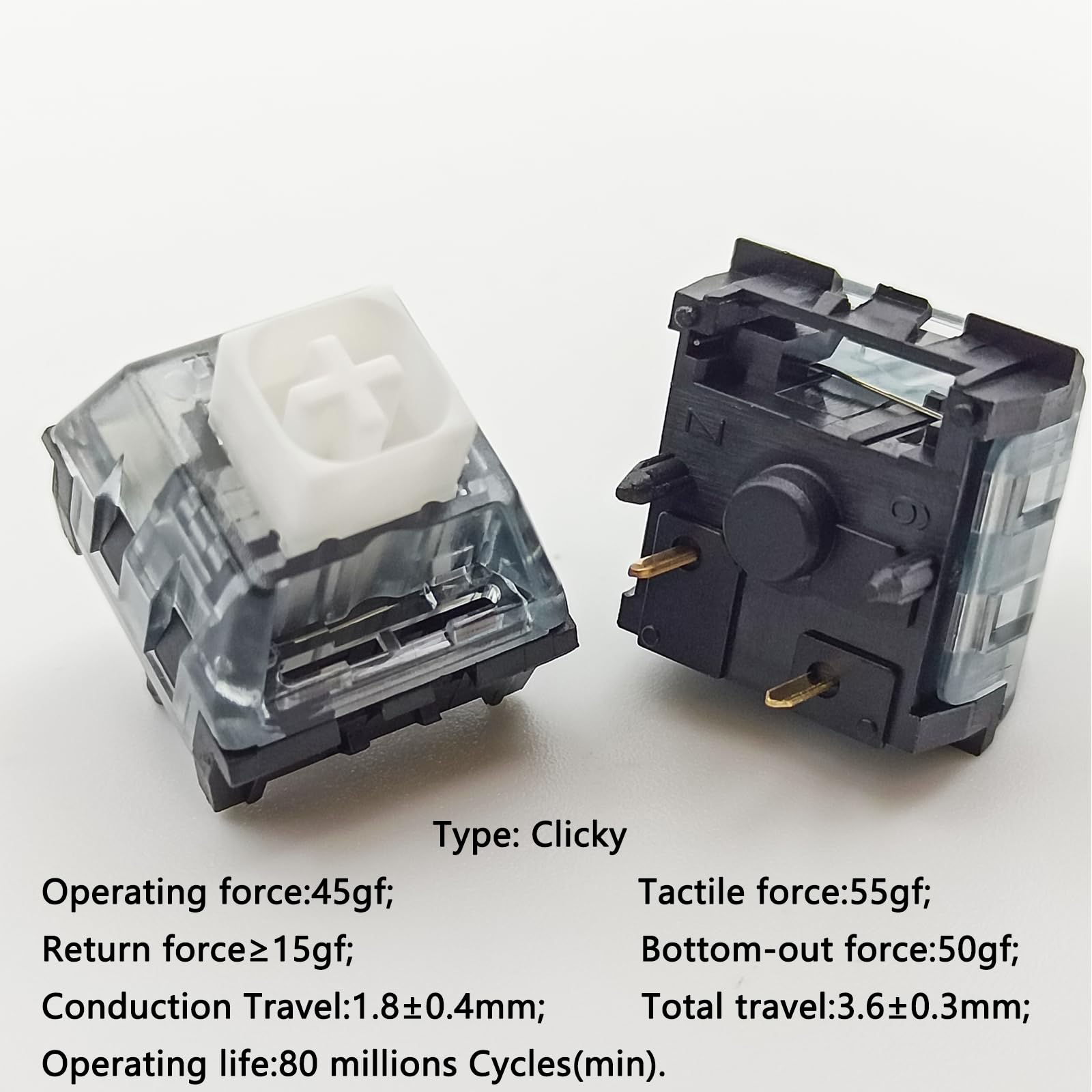 Zjmehty Upgrade Kailh Box White V2 Switches For Mechanical Keyboard,5 Pin 45Gf Clicky/Pre Lubed/Dust&Waterproof Switches(90Pcs,B