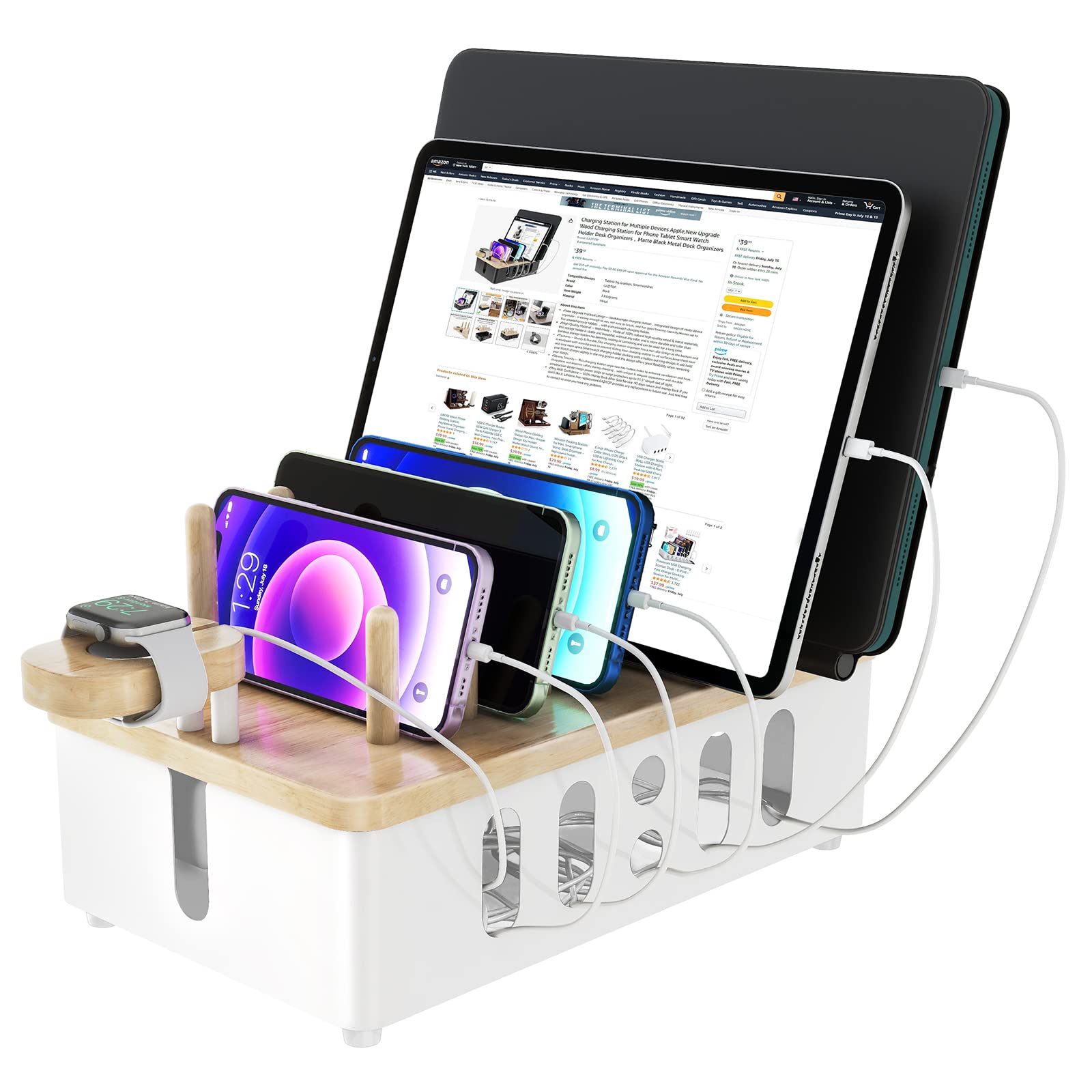 Charging Station for Multiple Devices Apple,New Upgrade Wood Charging Station for Phone Tablet Smart Watch Holder Desk Organizer