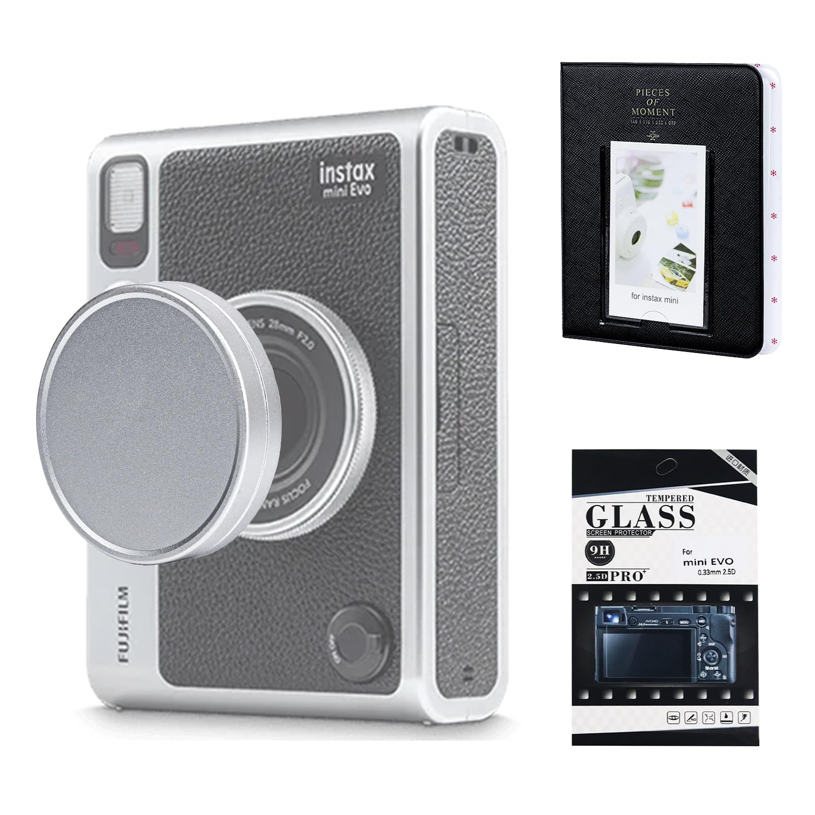 Caiyoule Mini Evo Lens Cap, Fuji Instax Mini Evo Accessories Include Aluminum Lens Cover, Screen Protector And Mini Photo Album,