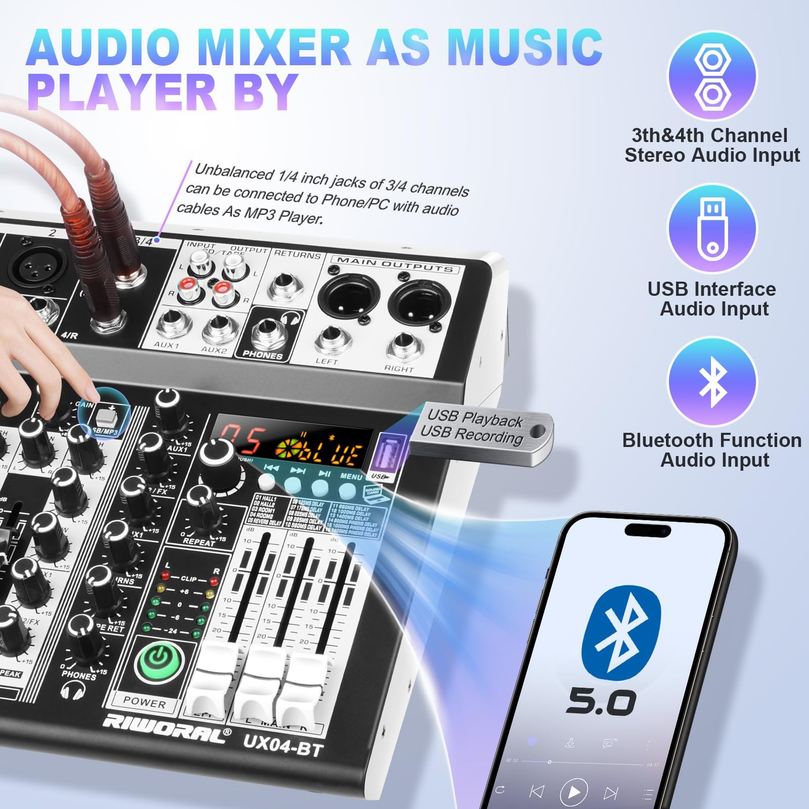 4 Channel Audio Interfacer Dj Mixer Sound Board 16 Bit Dsp Effect Usb Audio Mixer Effects +48V Phantom Bluetooth For Karaoke Stu