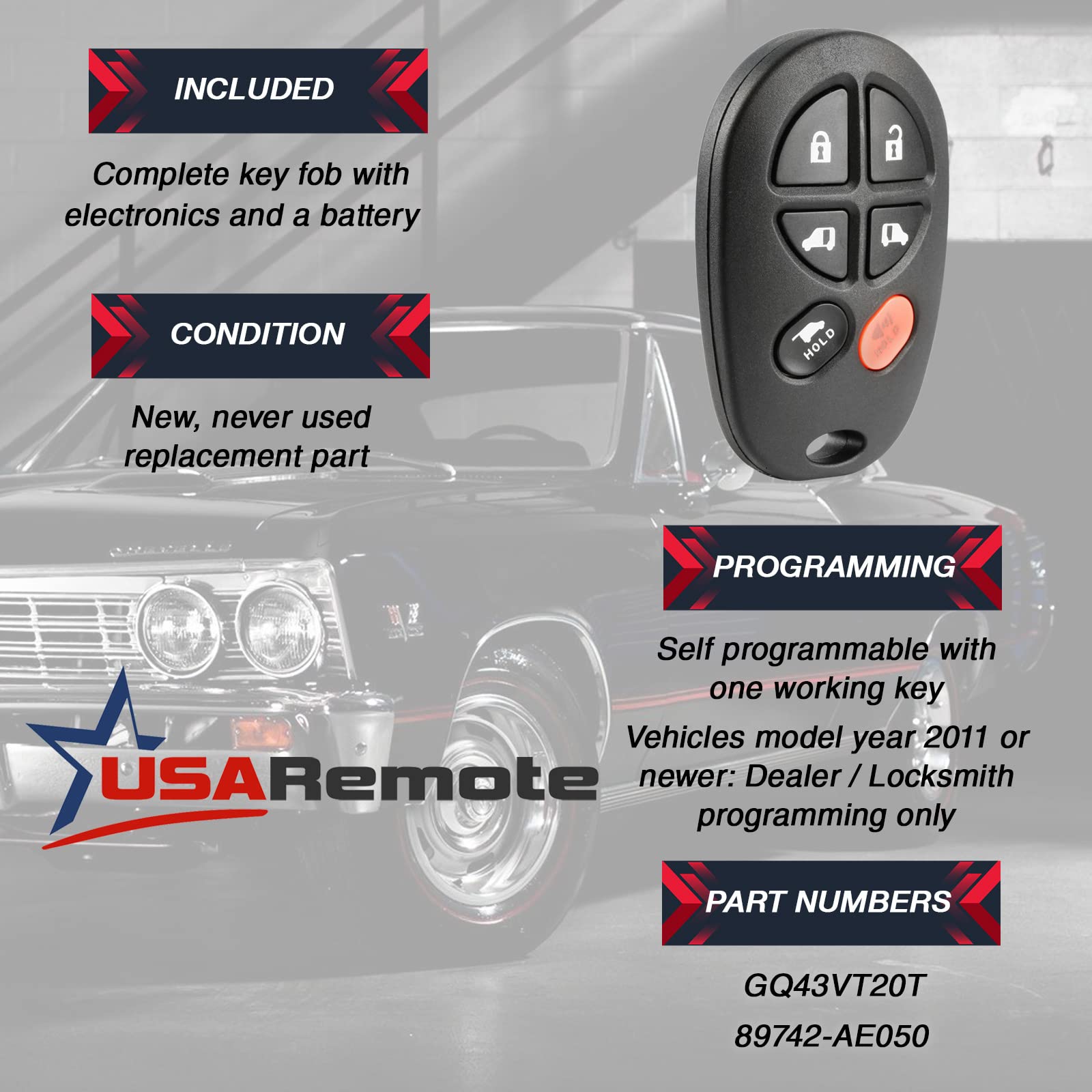 Key Fob Keyless Entry Remote Fits 2004 2016 Toyota Sienna (Gq43Vt20T 6 Btn)