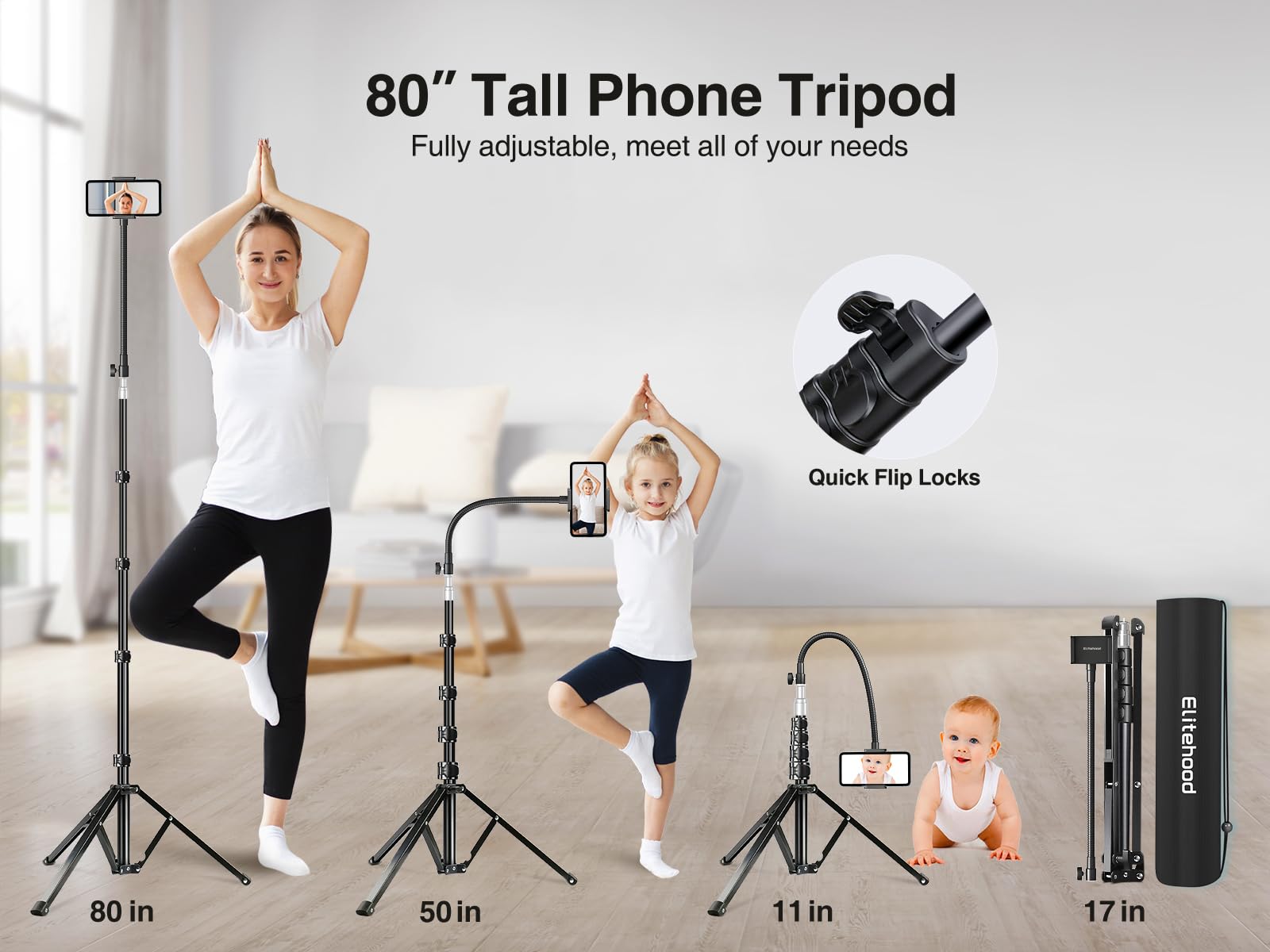 Elitehood 80� Tall Phone Stand Tripod, Floor Phone Recording Stand, Heavy Duty Adjustable Iphone Tripod Stand Compatible With Iphone 15 14 13 12