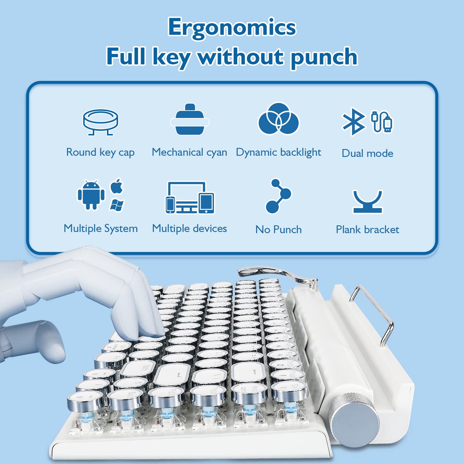Adventurers Retro Typewriter Keyboard, 75% Layout 83 Keys Wireless Keyboard With Blue Switch,Bluetooth 5.0 And Multi Device Swit