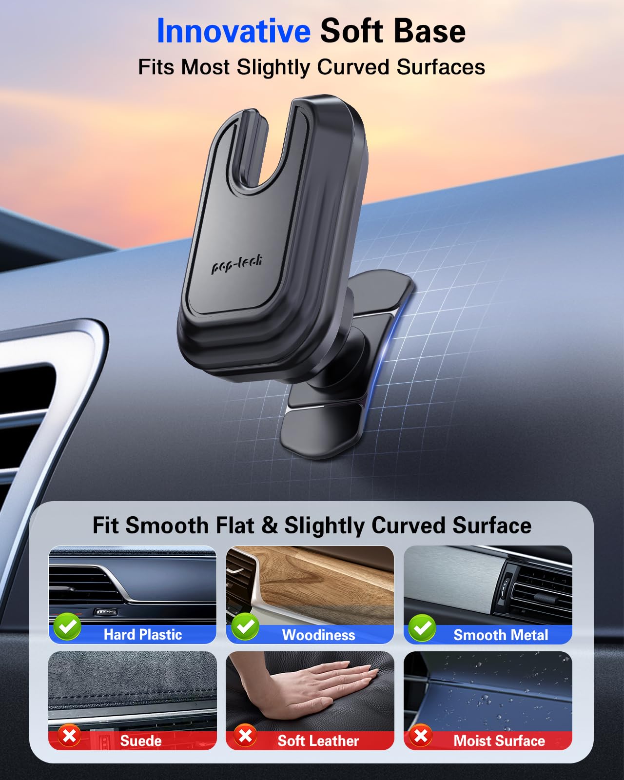 Pop-Tech Car Phone Mount For Socket Grip, Adjustable Strong Sticky Cell Phone Holder, Dashboard Adhesive Socket Car Mount Compat