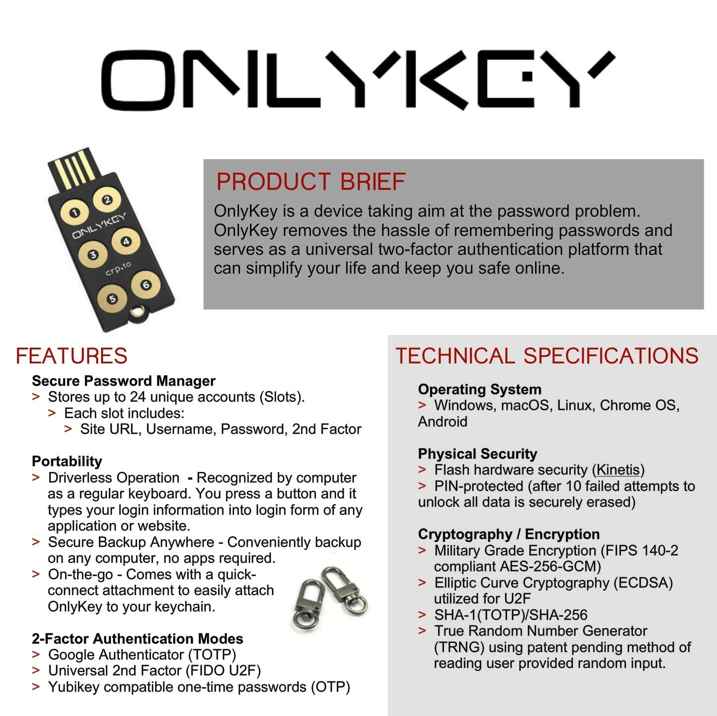 OnlyKey FIDO2 Security Key | Universal 2FA Hardware Password Manager | Model EF-7H5W-FQ6I | Portable Encryption for Windows/Mac/Android