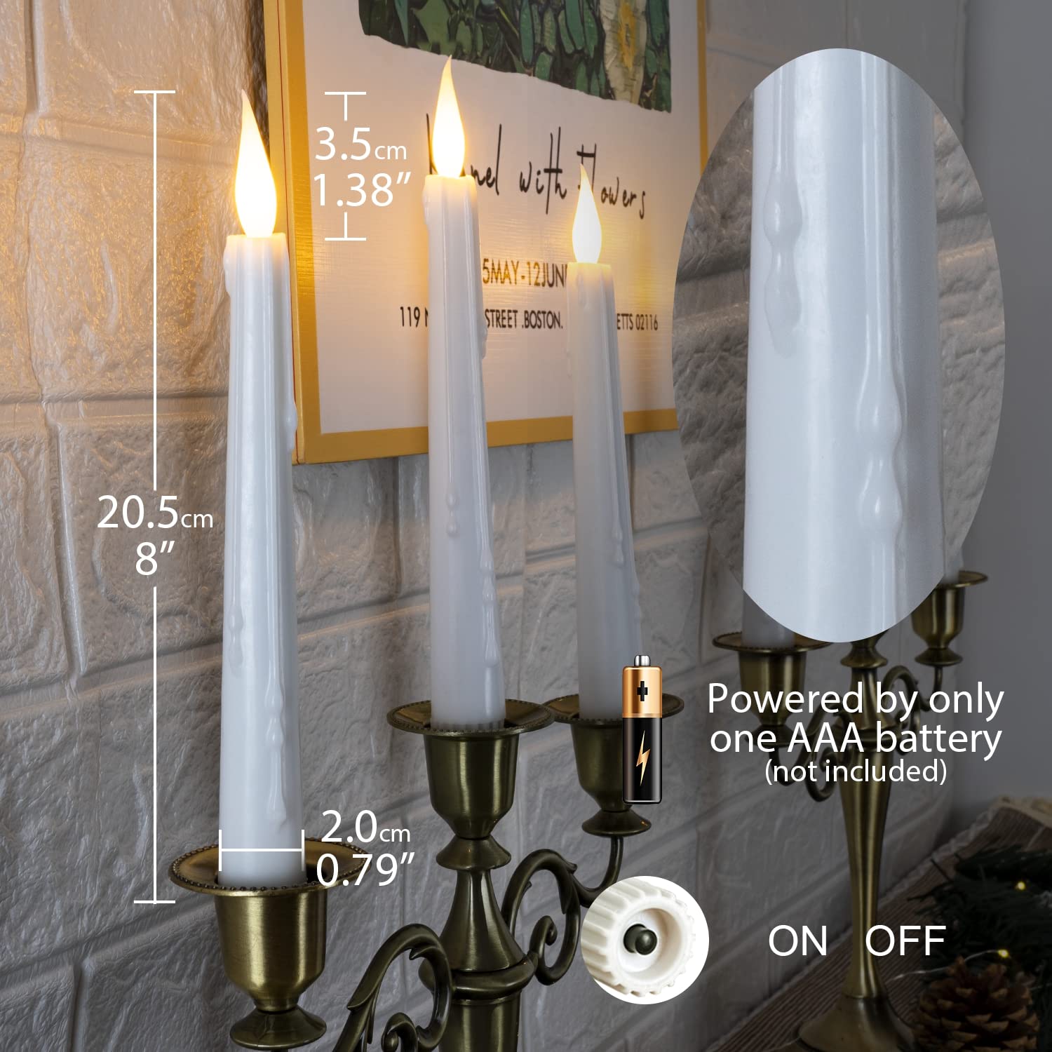 5Plots White Real Wax Flameless Taper Candles With Remote, Dimmer, Timer, Battery Operated Candles With Flickering Flame, Realis