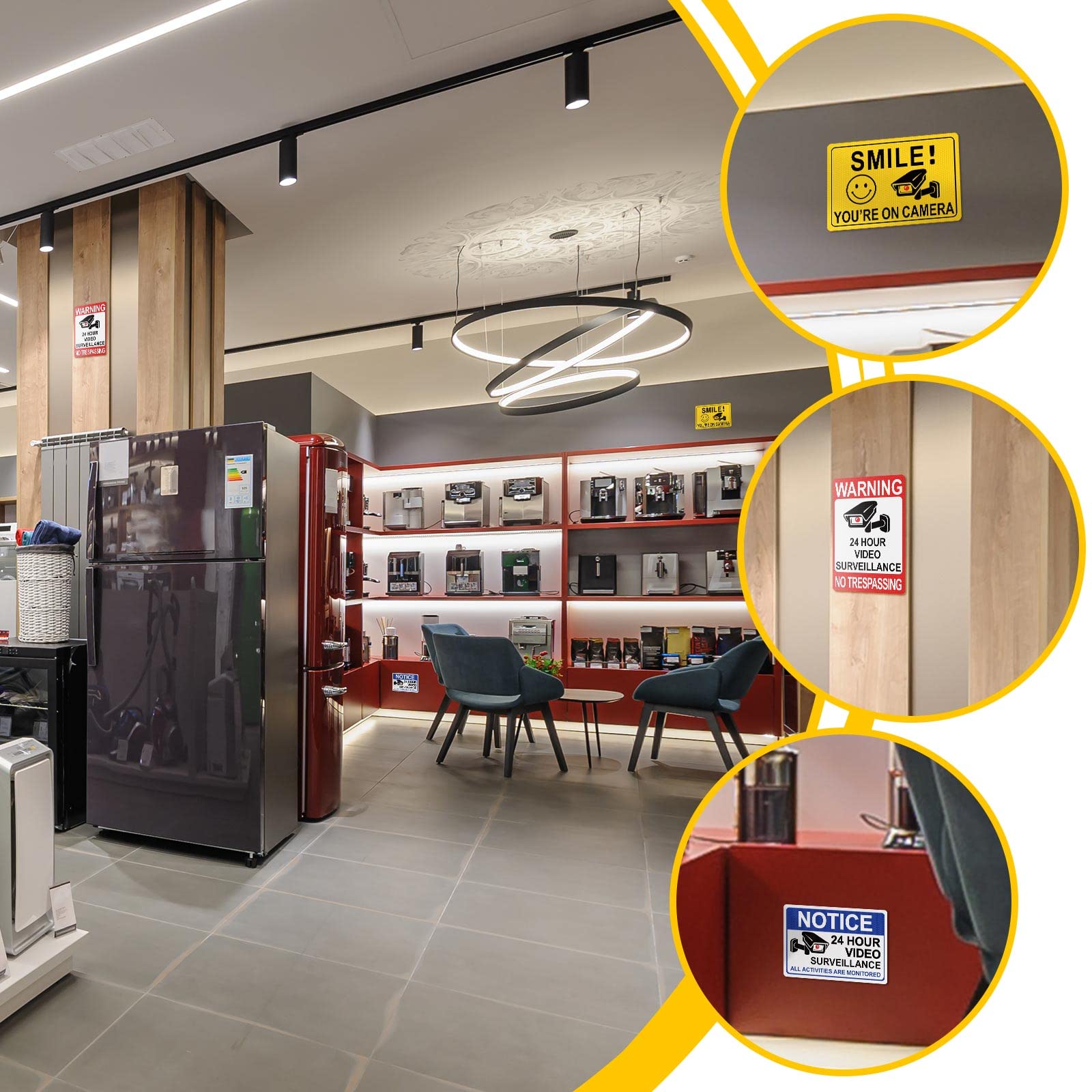 8 Pcs 24 Hour Video Surveillance Sticker Reflective Sticker Decal Self Adhesive Video Surveillance Sign Outdoor Smile Camera Sig