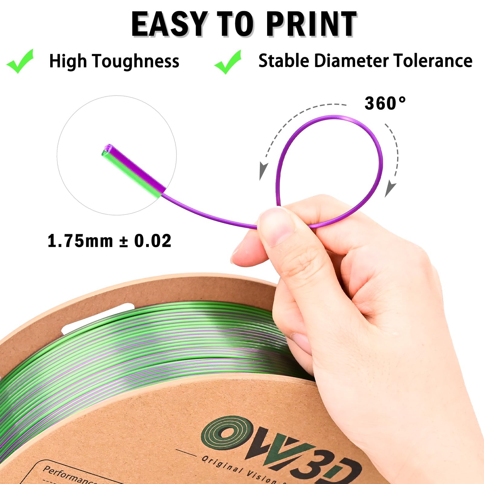 Ovv3D Pla Filament 1.75Mm, 3D Printer Filament Silk Pla Dual Color Pla Filament, Purple Green Pla Filament, Color Change Every I