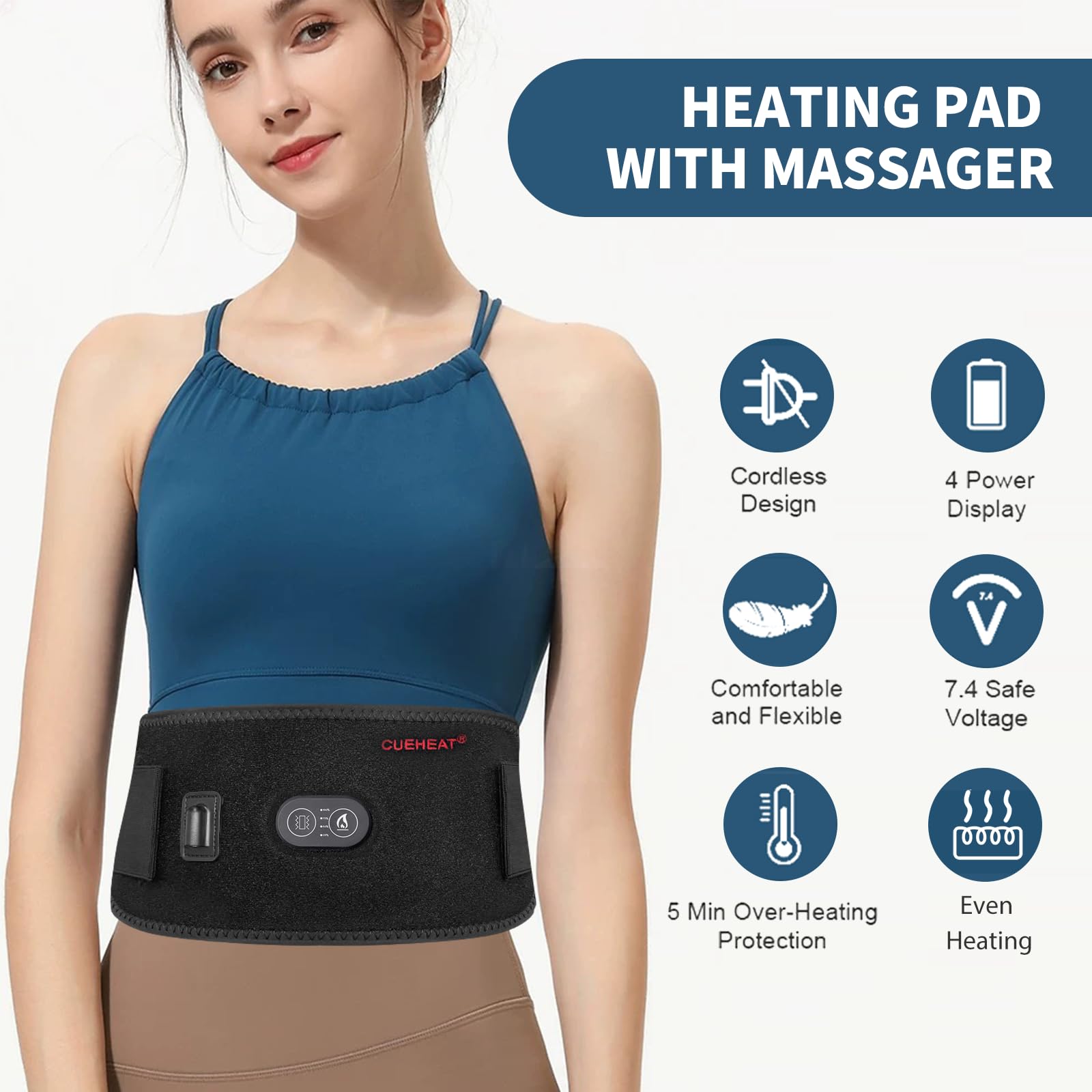 Cueheat Heated Waist Belt - Cordless Heating Pad For Low Back, Electrical Heating And Massage, Rechargeable Battery Powered (Bla