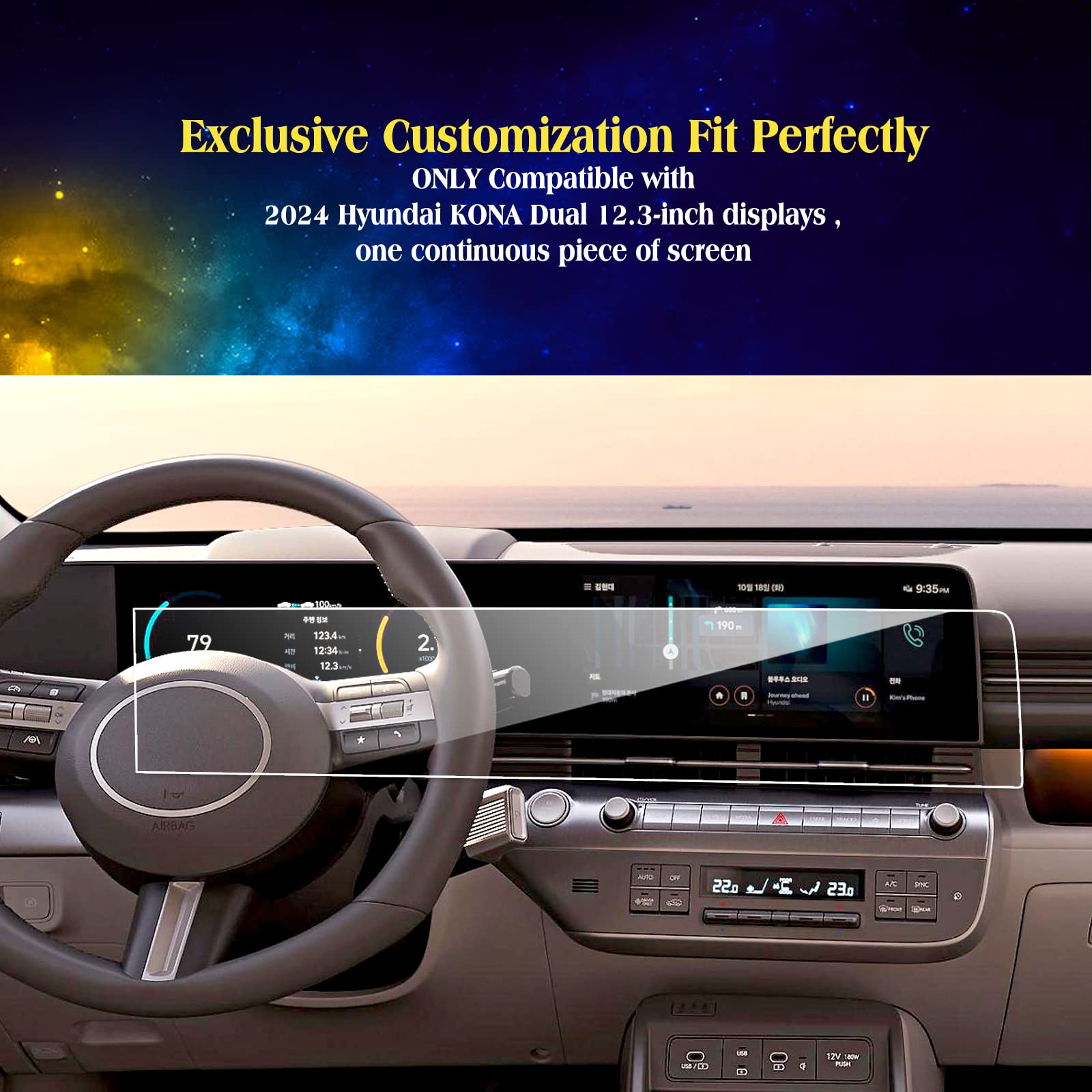 Eueky 2Pcs 2024 Kona Screen Protector Design For Hyundai Kona 2024 Dual 12.3 Inch Touch Screen Kona Screen Protective Film Kona