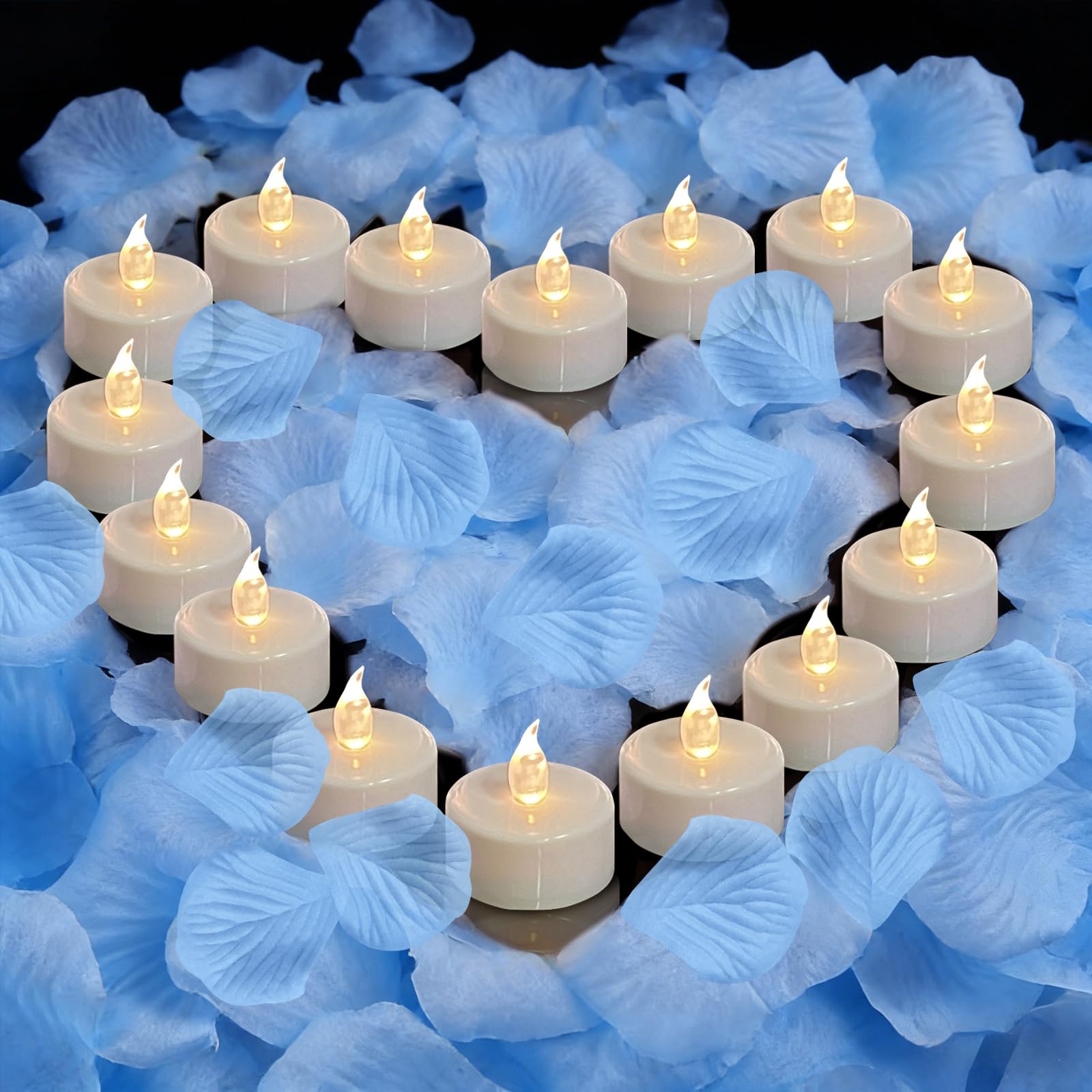 500Pcs Rose Petals with 12LED Tea Lights Candles Set, Artificial Blue Rose Petals and Flameless Candles Set for Anniversary, Val