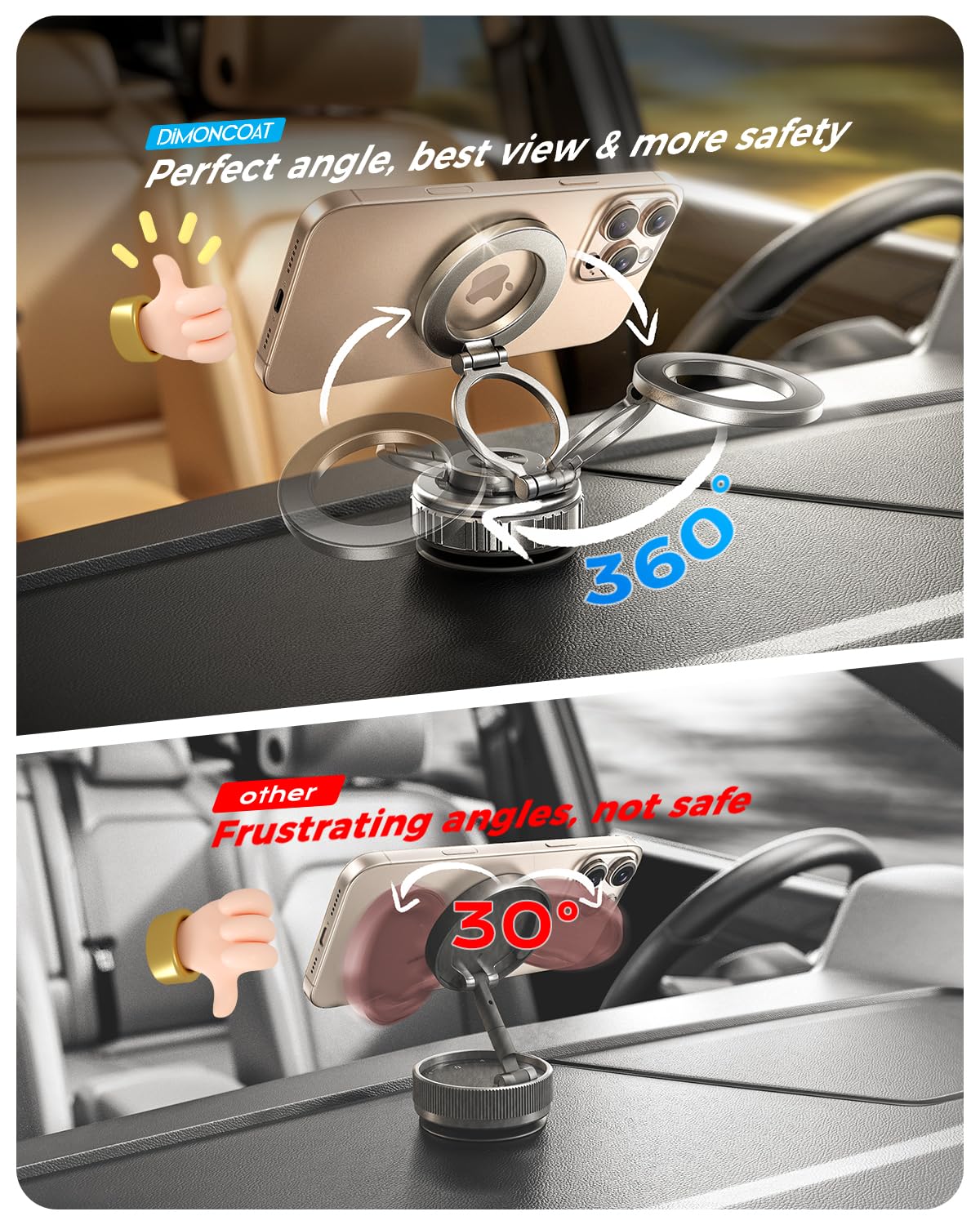 Dimoncoat 2025 Upgraded Metal 360 Adjustable Vacuum Suction Cup Phone Mount [109Lb Suction], Magnetic Phone Holder For Car, Fold