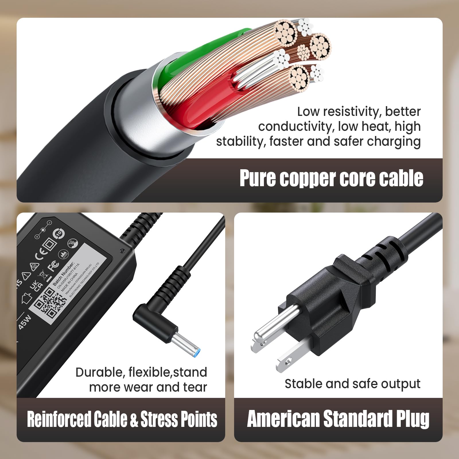 For Hp Laptops Charger, 45W Hp Elitebook Envy Stream Pavilion Chromebook Power Cord With Smart Blue Tip 19.5V Dc 2.31A Laptop Tablet Charger