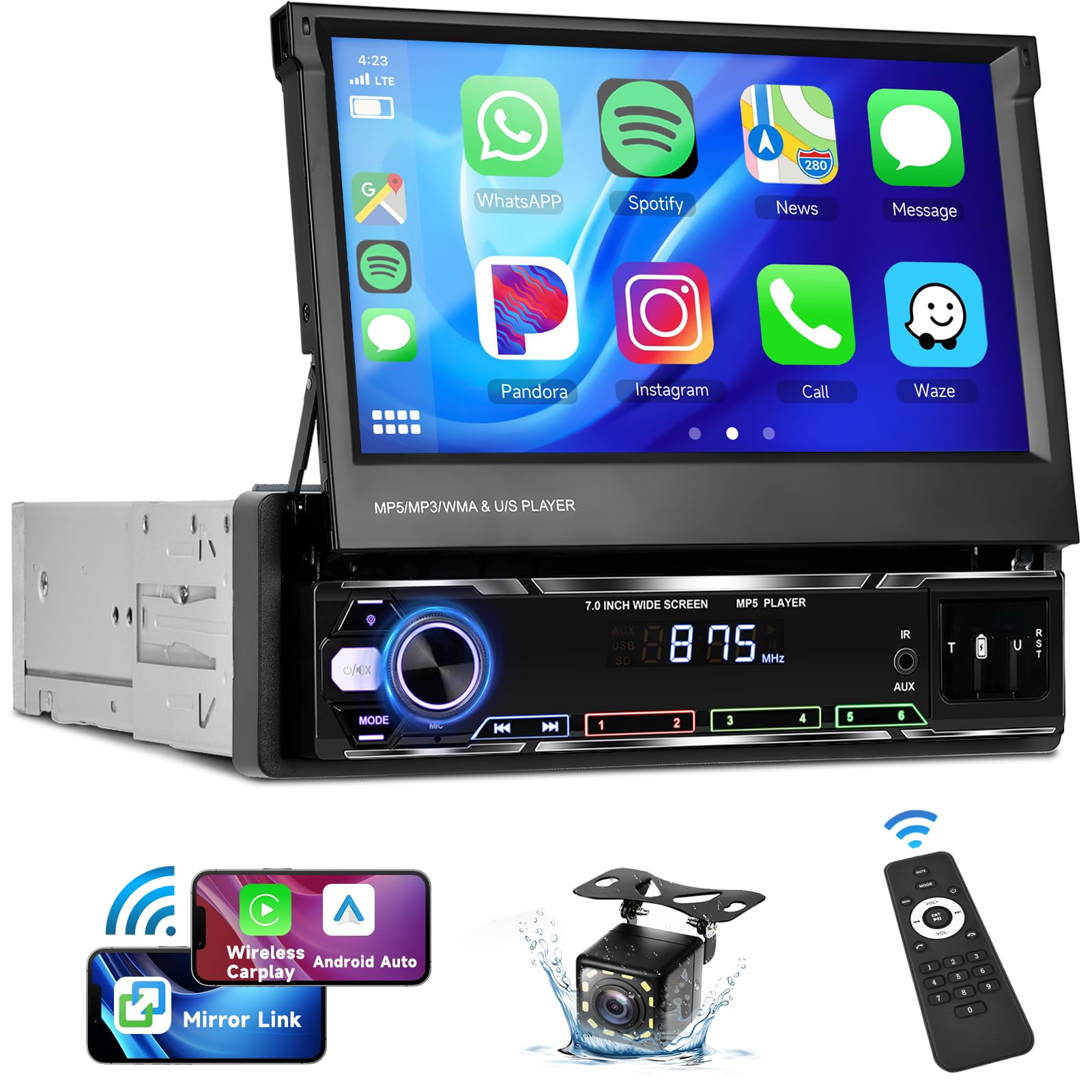 Podofo Single Din Car Stereo 7 Inch Flip Out Touchscreen Compatible With Apple Carplay & Android Auto Mirror Link Car Audio Receiver Bluetooth Backup Camera Swc Fm Radio Usb/Tf/Aux Port Head Unit