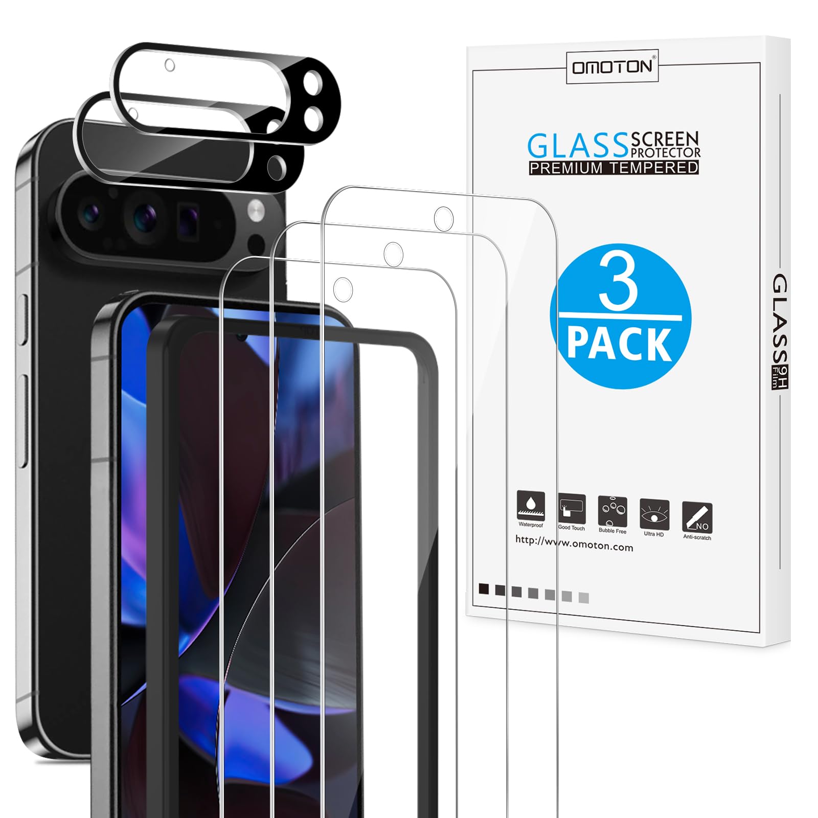 Omoton Screen Protector Only For Google Pixel 9 Pro Xl, [3+2 Pack] 3 Pack Tempered Glass For Pixel 9 Pro Xl & 2 Pack Camera Lens