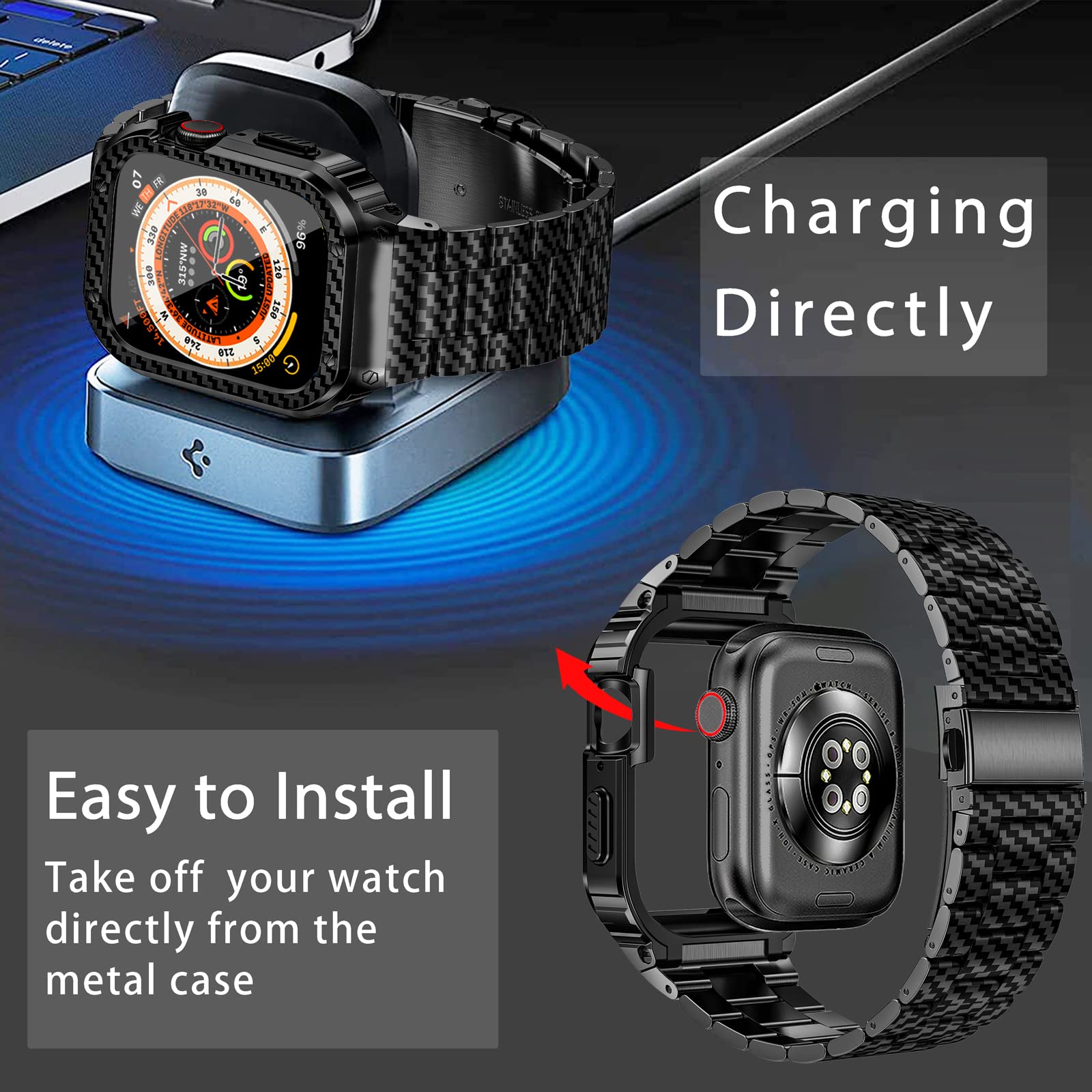 Miohhr Stainless Steel Band And Case Compatible With Apple Watch Band 45Mm, Men Metal Protective Bumper Cover For Iwatch Series